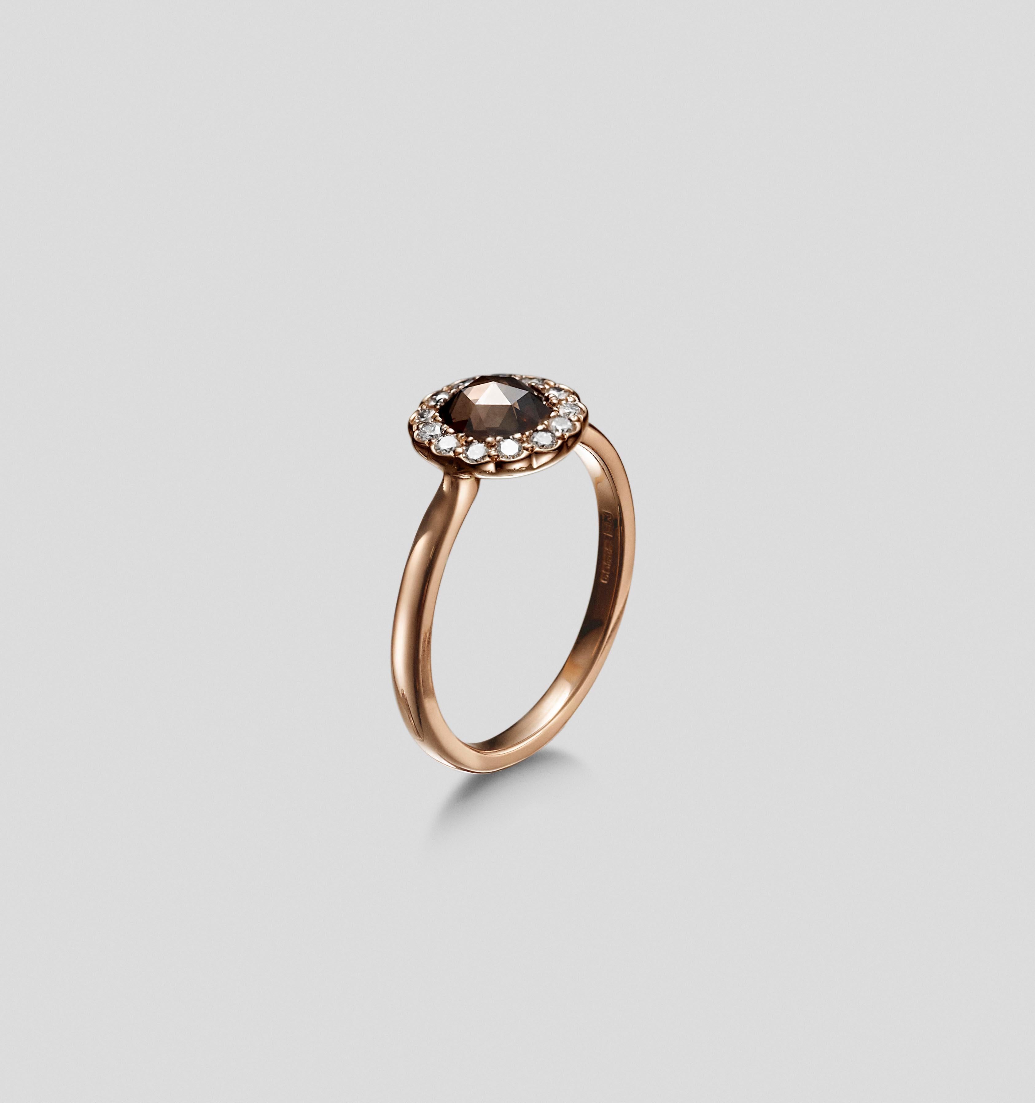 This gorgeous rose gold ring is part of the Zahr collection.  It blends colour and shapes.  With a diamond shaped basket underneath, this ring has all the elements of a well made and designed piece of jewellery.  It can be worn as an engagement or