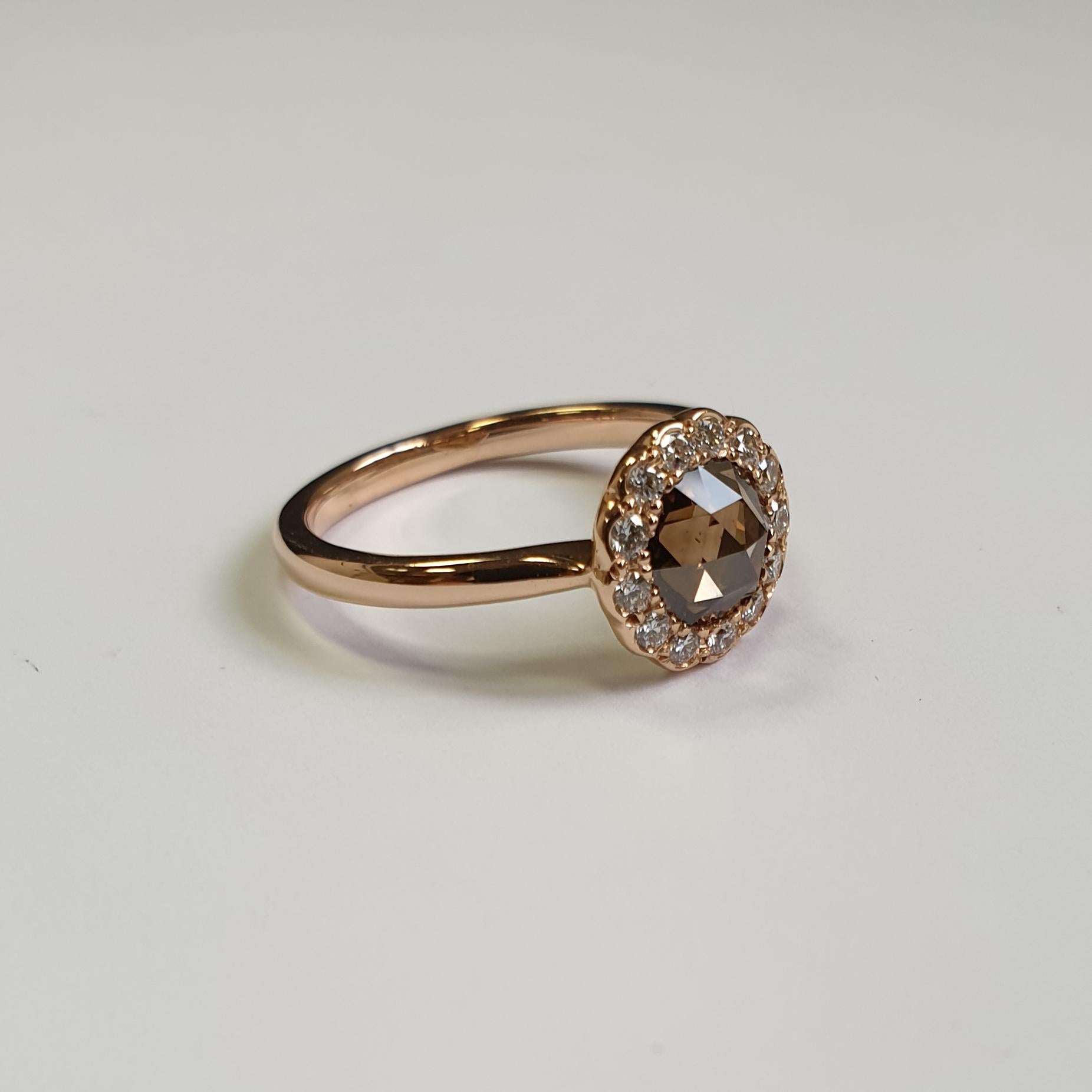 Artisan 0.95 Carat Fancy Brown Rose Cut Diamond Halo Ring in 18 Karat Rose Gold For Sale