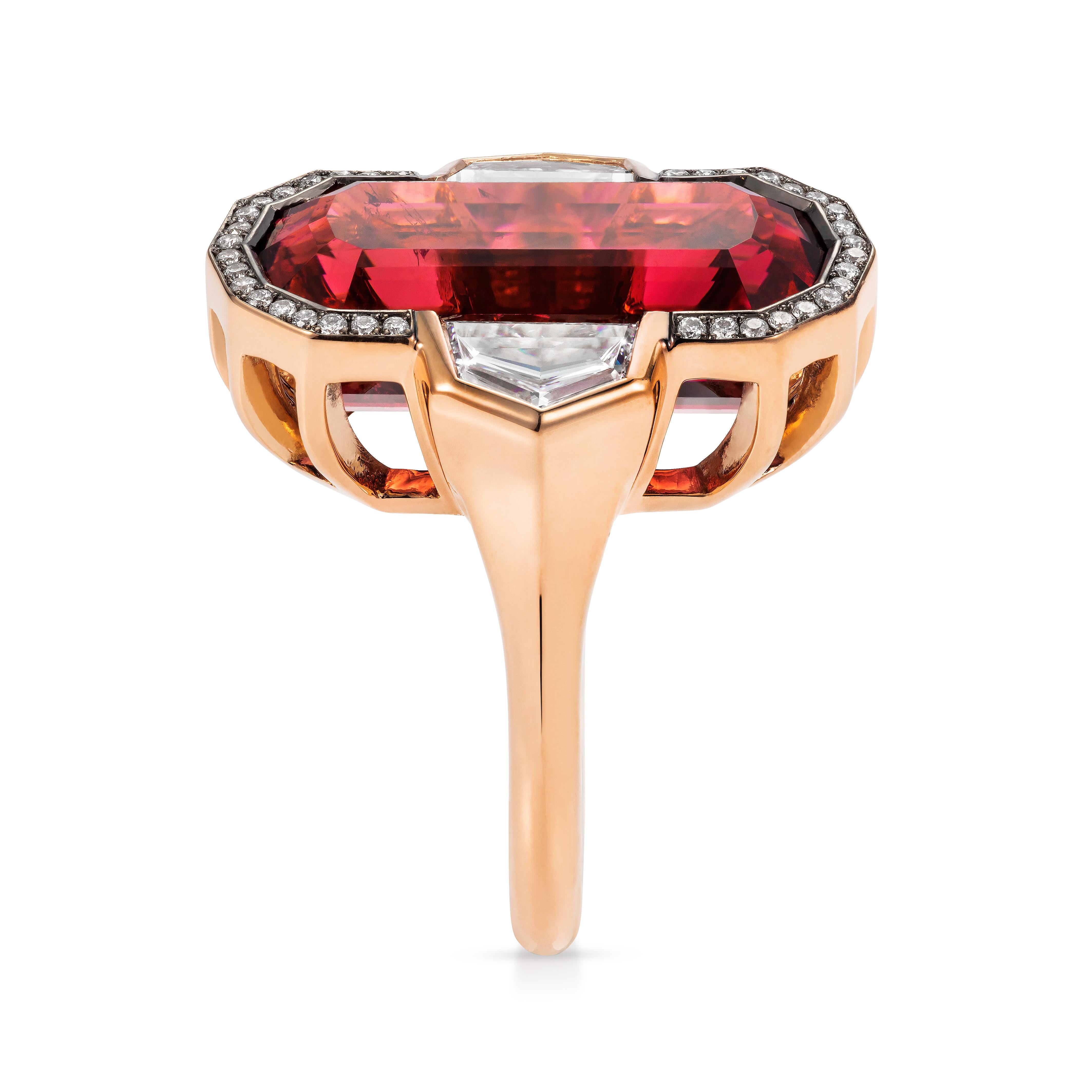Contemporary Marcel Salloum 0.41 Ct Decagonal Rubellite Diamond Ring in 18 Karat Rose Gold For Sale