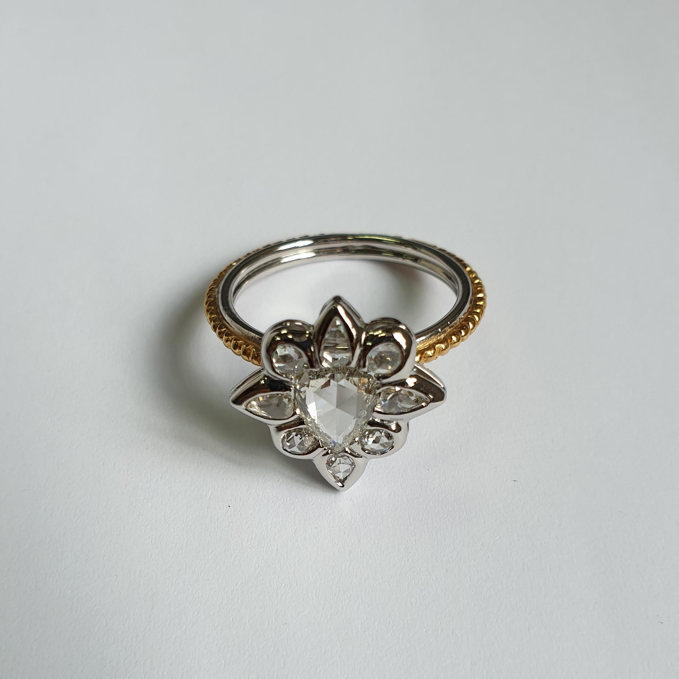 Pear Cut 1.33 Carat Rose Cut Diamond Ring in Platinum and 24 Karat Gold For Sale