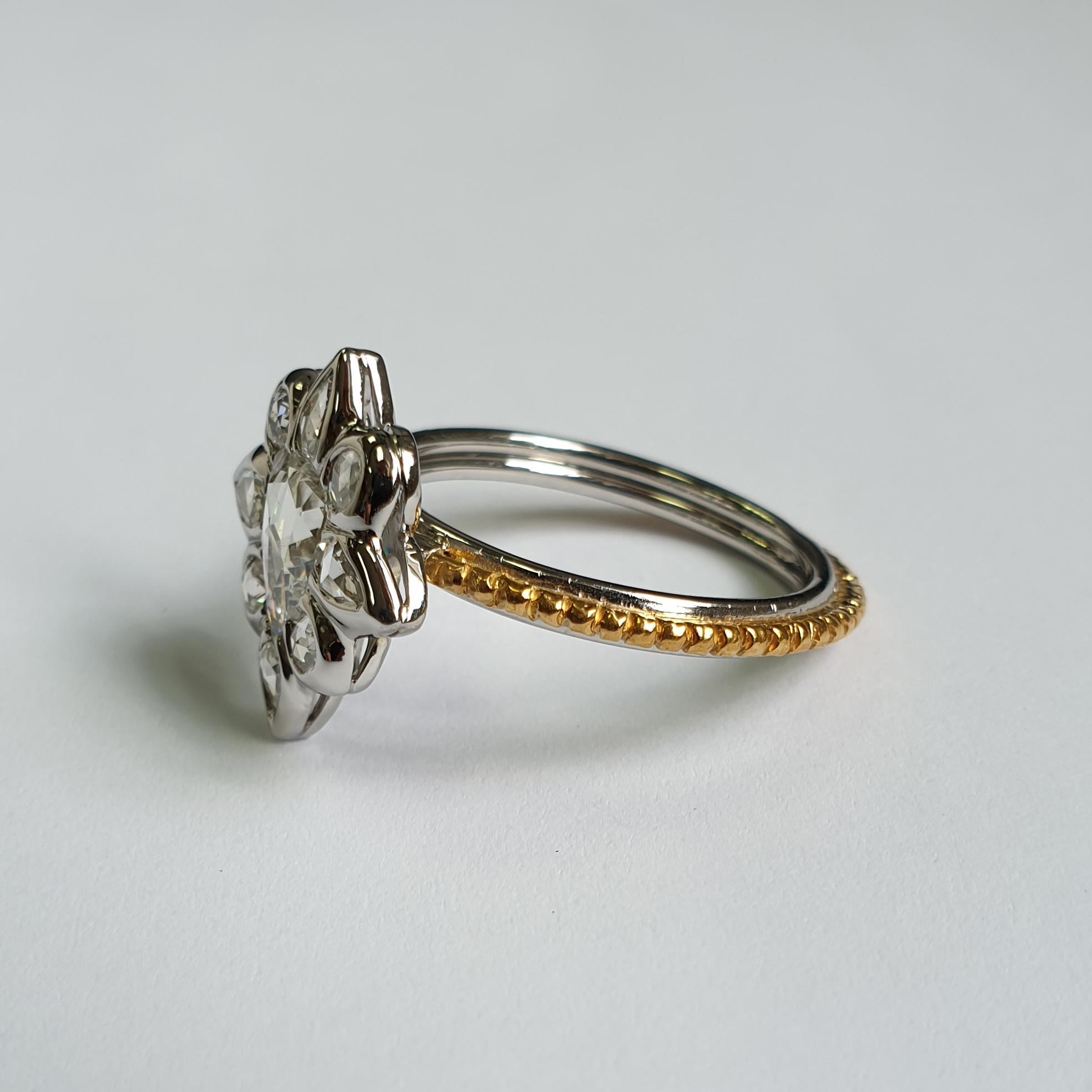 1.33 Carat Rose Cut Diamond Ring in Platinum and 24 Karat Gold In New Condition For Sale In London, London