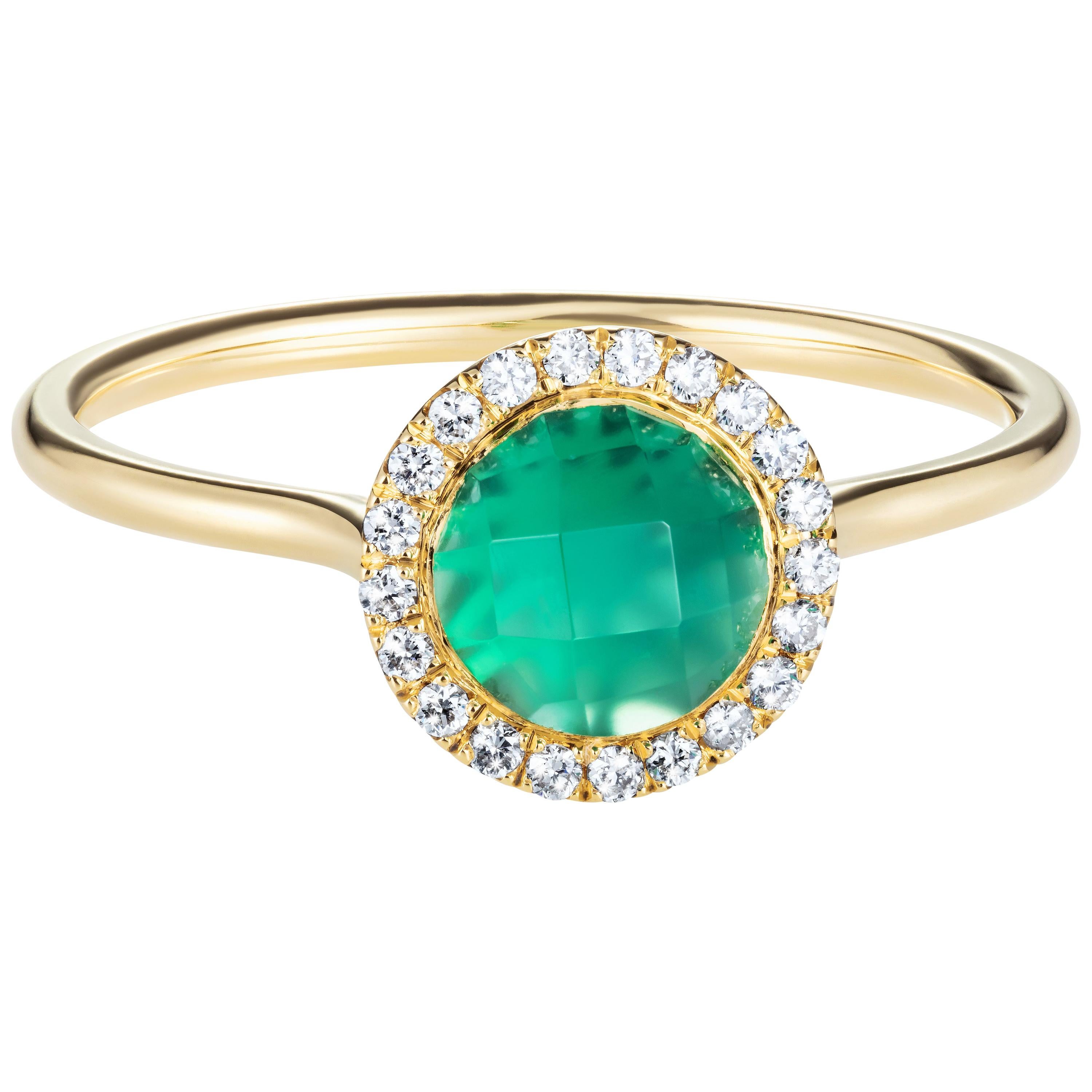 2.16 Carat Checkerboard Green Agate Halo Ring in 18 Karat Yellow Gold For Sale