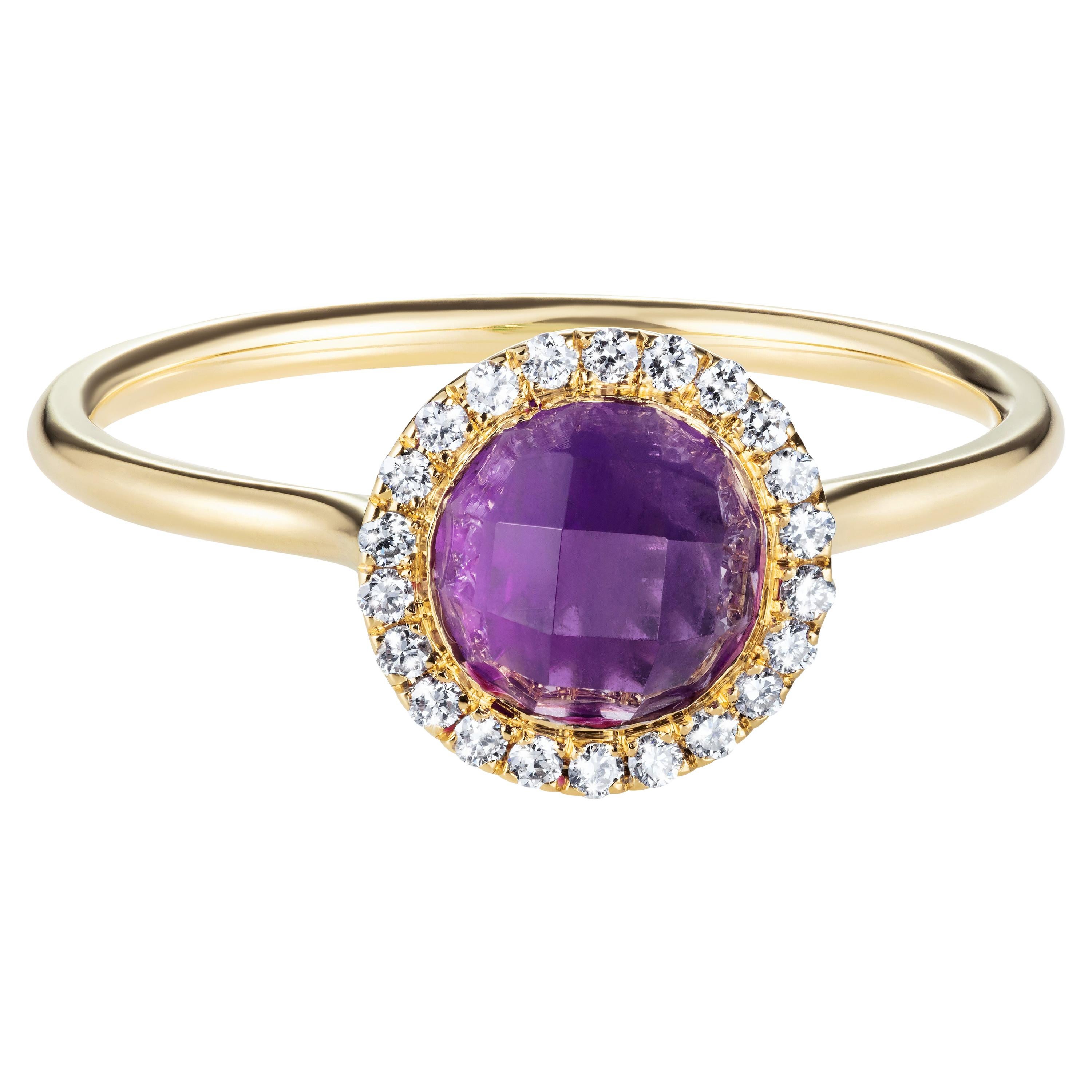 Marcel Salloum 2.16 Carat Purple Amethyst Halo Ring in 18 Yellow Gold For Sale