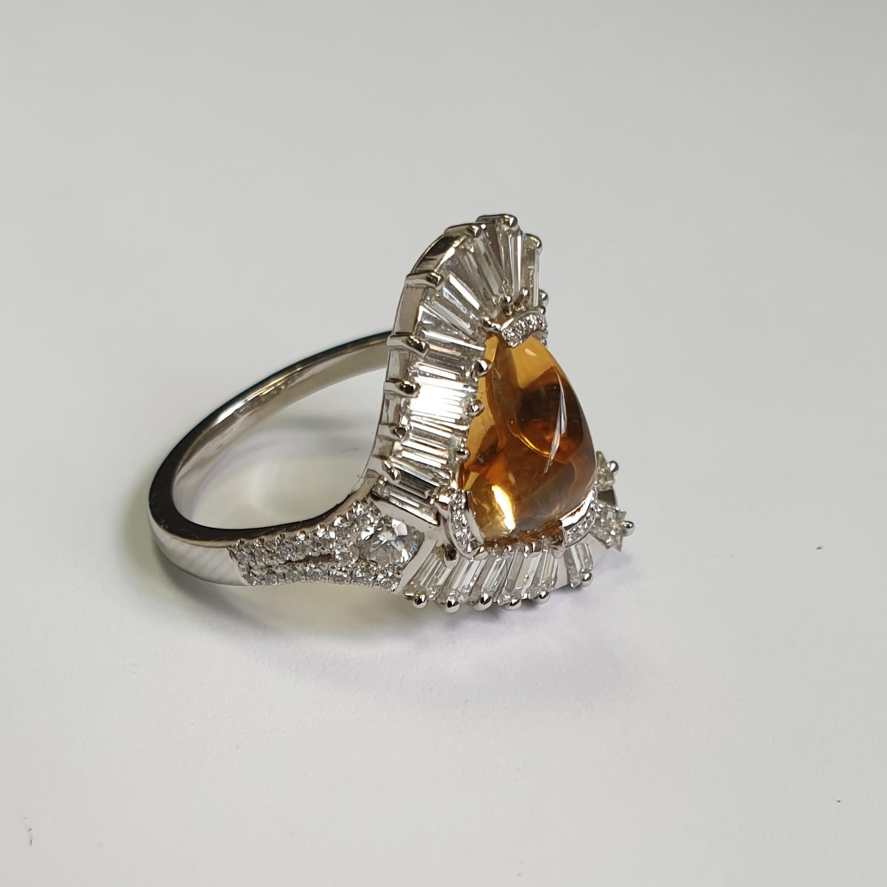 Artisan Citrine Loaf Ring with Baguette Diamond Halo in Platinum For Sale