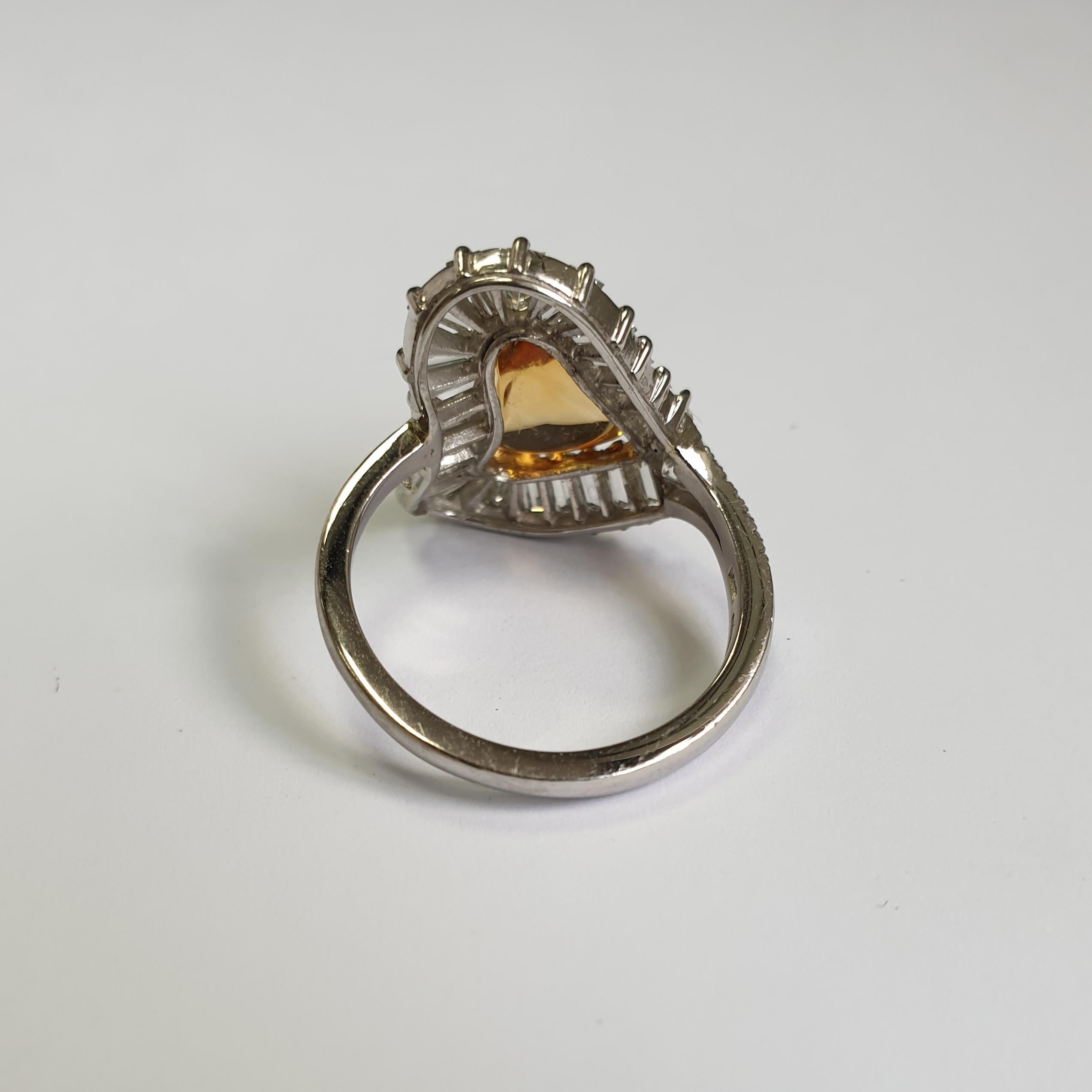 Baguette Cut Citrine Loaf Ring with Baguette Diamond Halo in Platinum For Sale