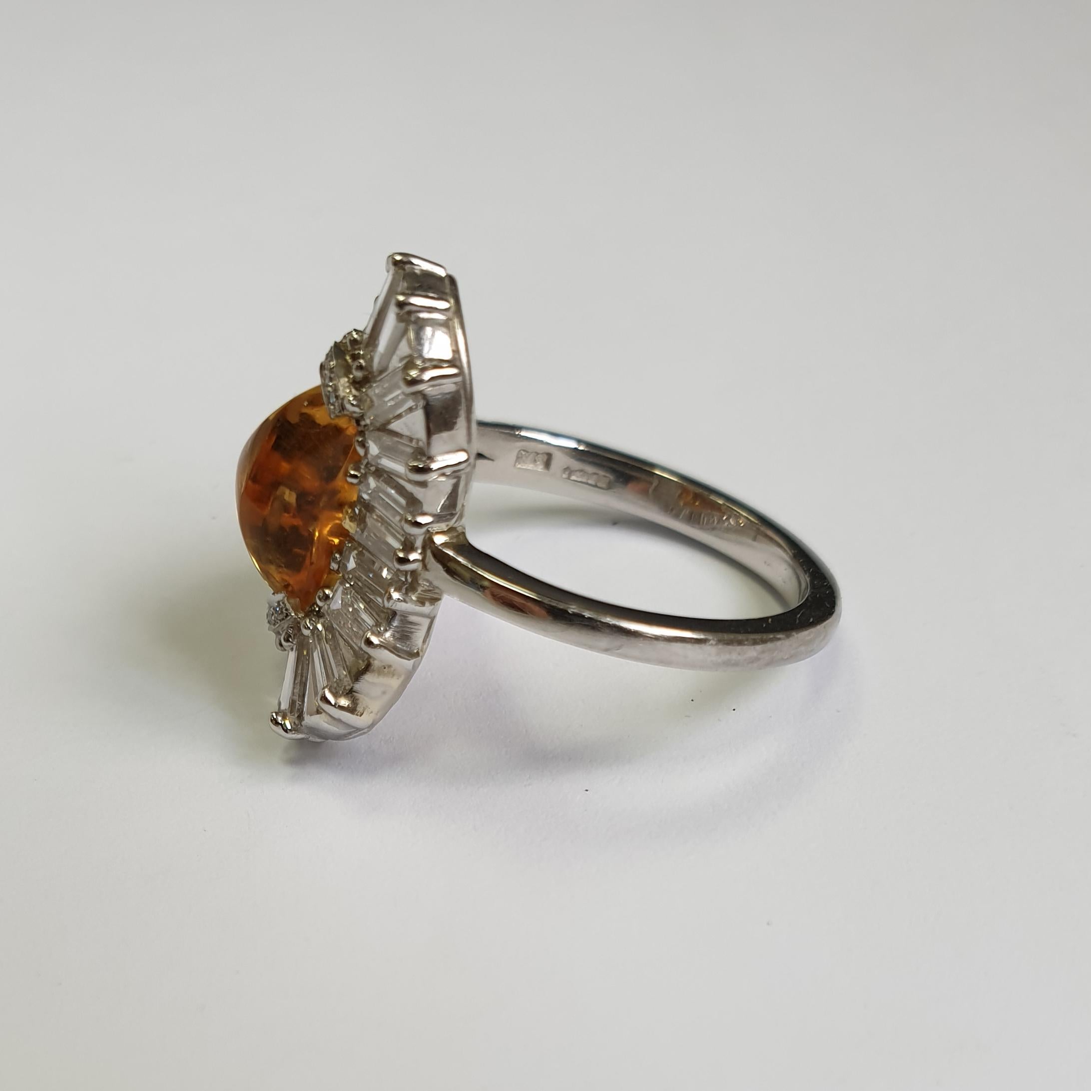 Citrine Loaf Ring with Baguette Diamond Halo in Platinum In New Condition For Sale In London, London