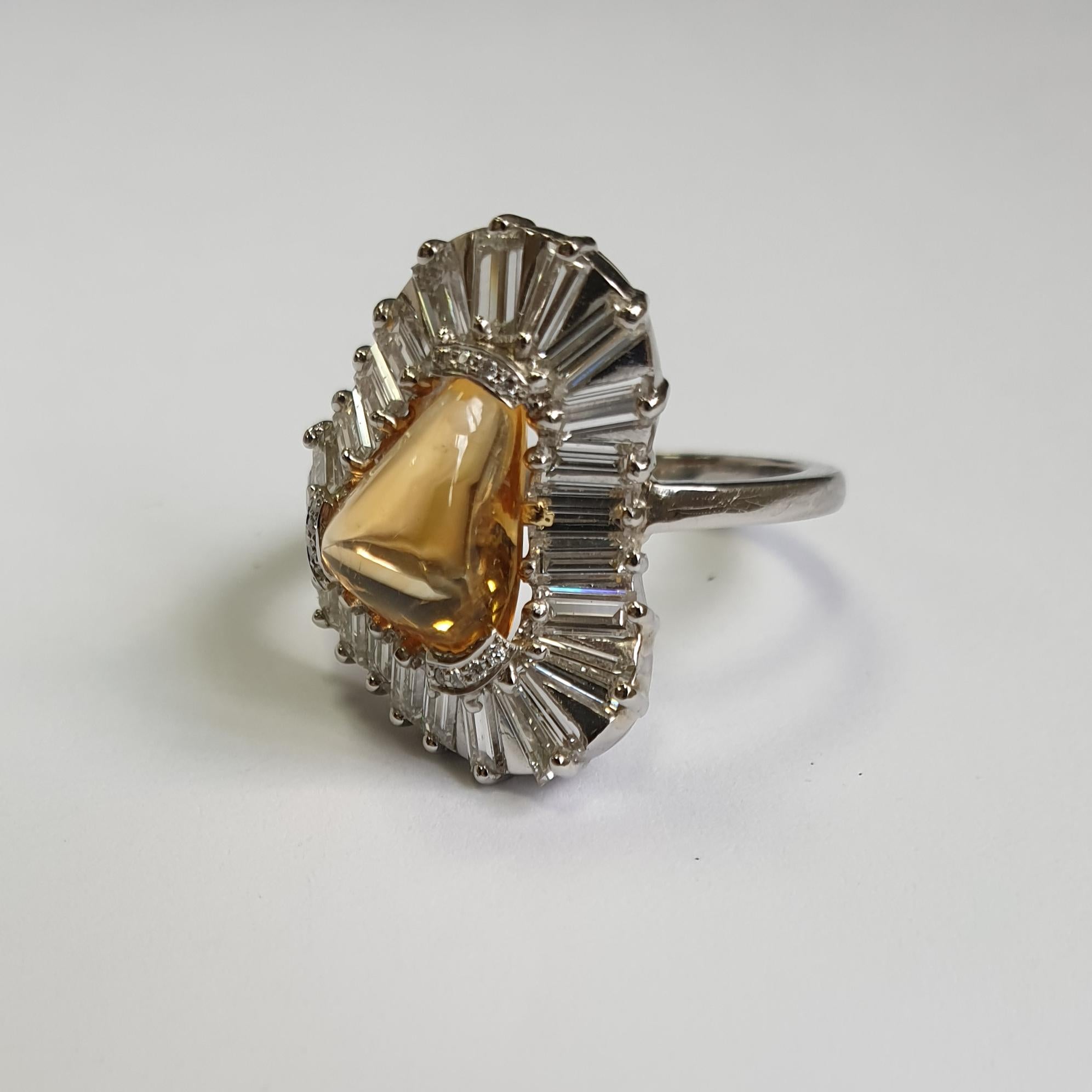Women's Citrine Loaf Ring with Baguette Diamond Halo in Platinum For Sale