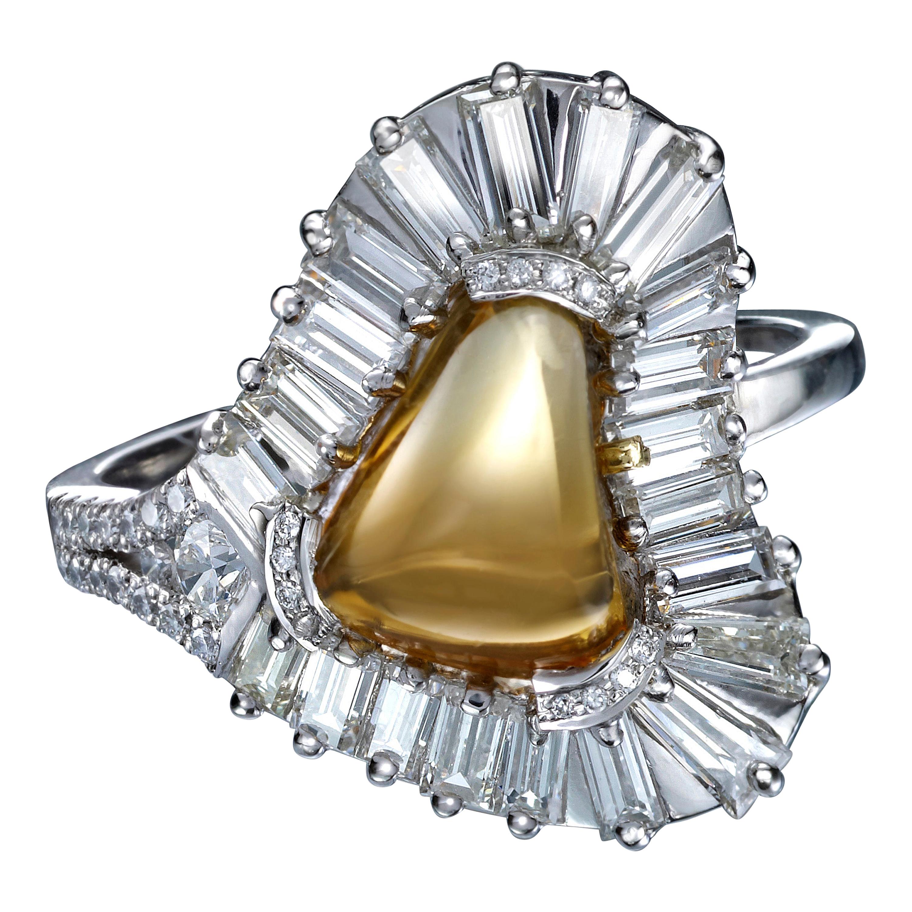 Citrine Loaf Ring with Baguette Diamond Halo in Platinum For Sale