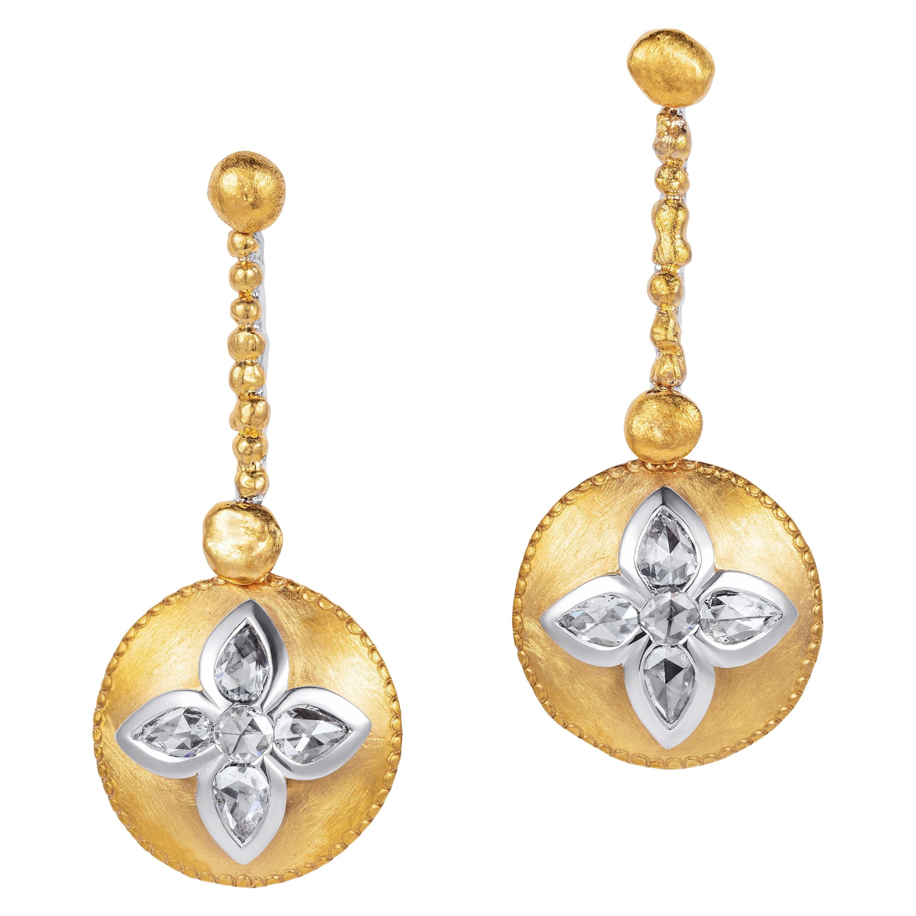Extendable Rose Cut Diamond Earrings in 24 Karat Gold and Platinum For Sale