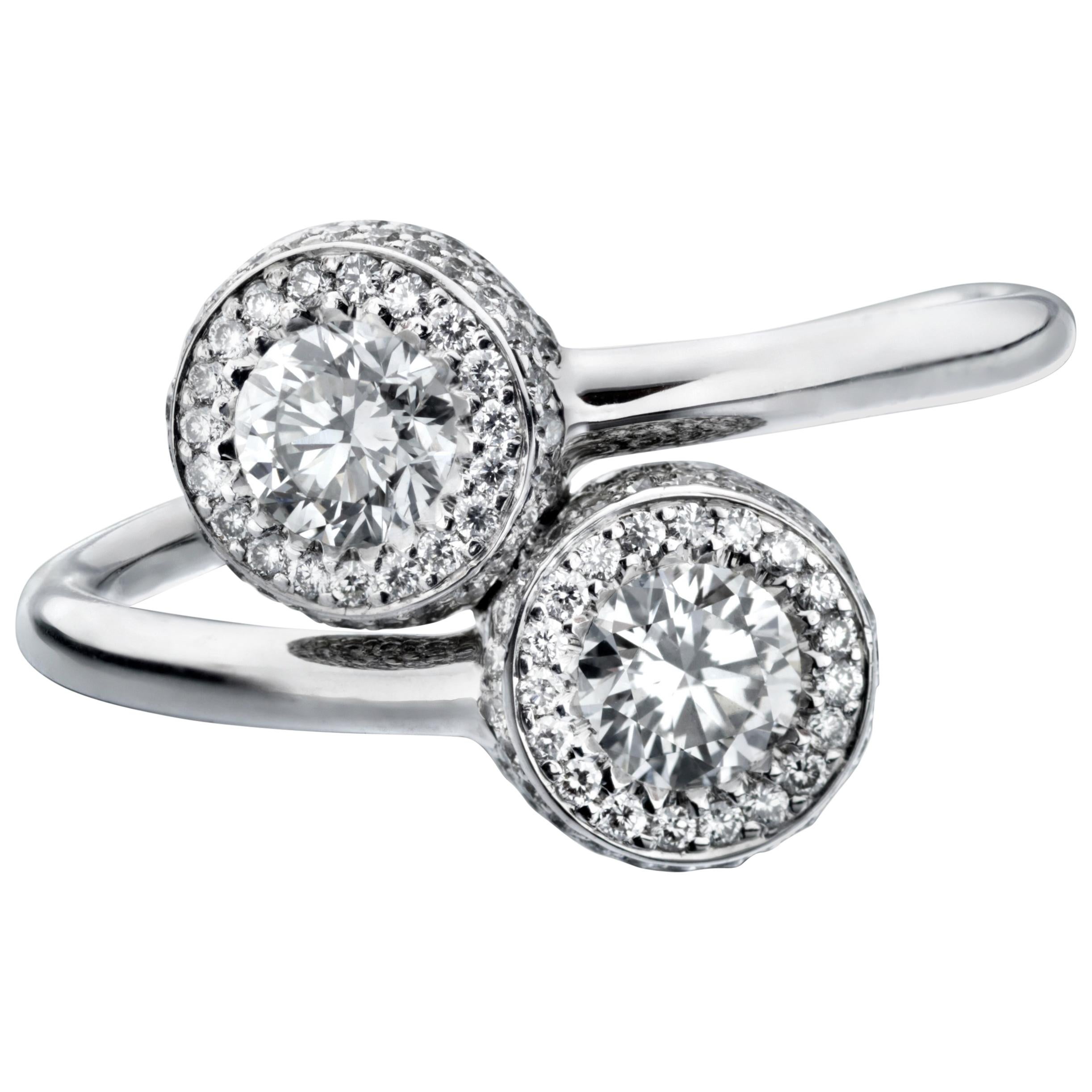 Marcel Salloum Gemini Twin Diamond Halo Ring in Platinum For Sale