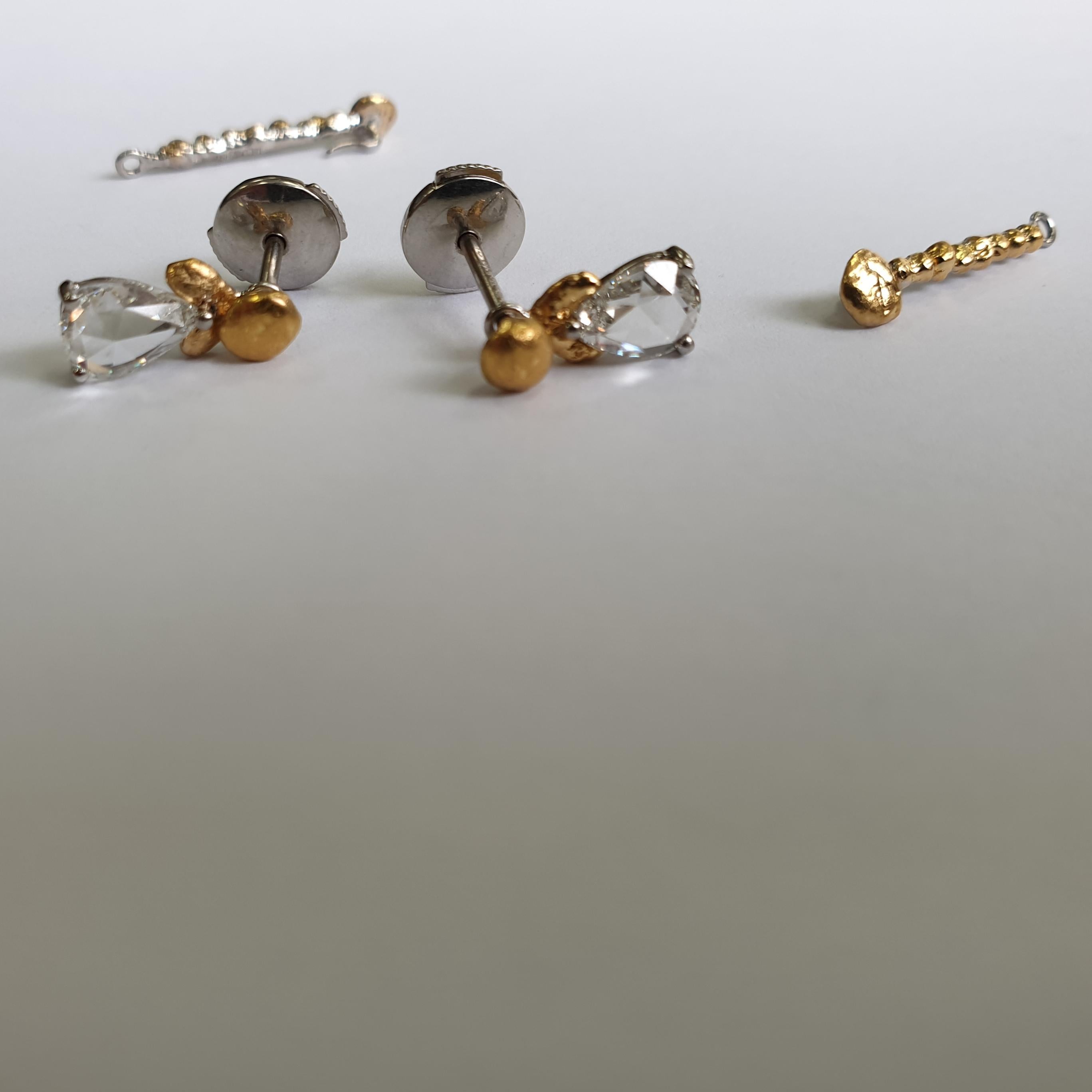 Marcel Salloum L'or Pear Rose Cut Diamond Earrings in 24 Karat Gold and Platinum For Sale 1