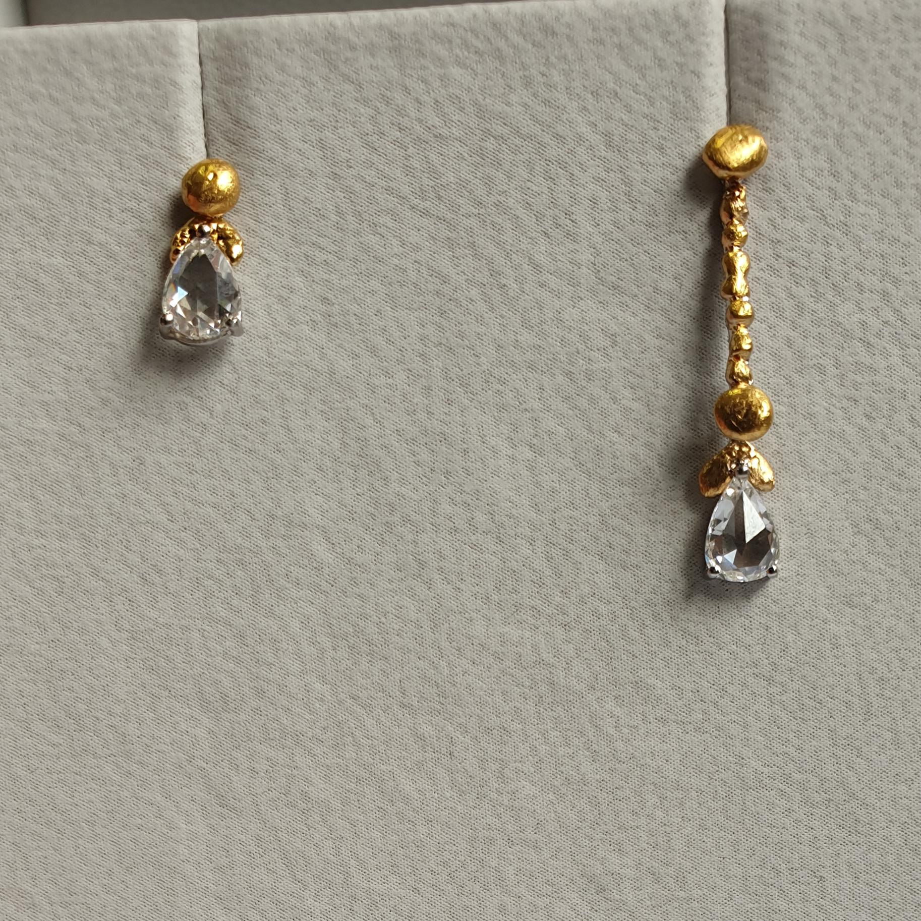 Marcel Salloum L'or Pear Rose Cut Diamond Earrings in 24 Karat Gold and Platinum For Sale 2