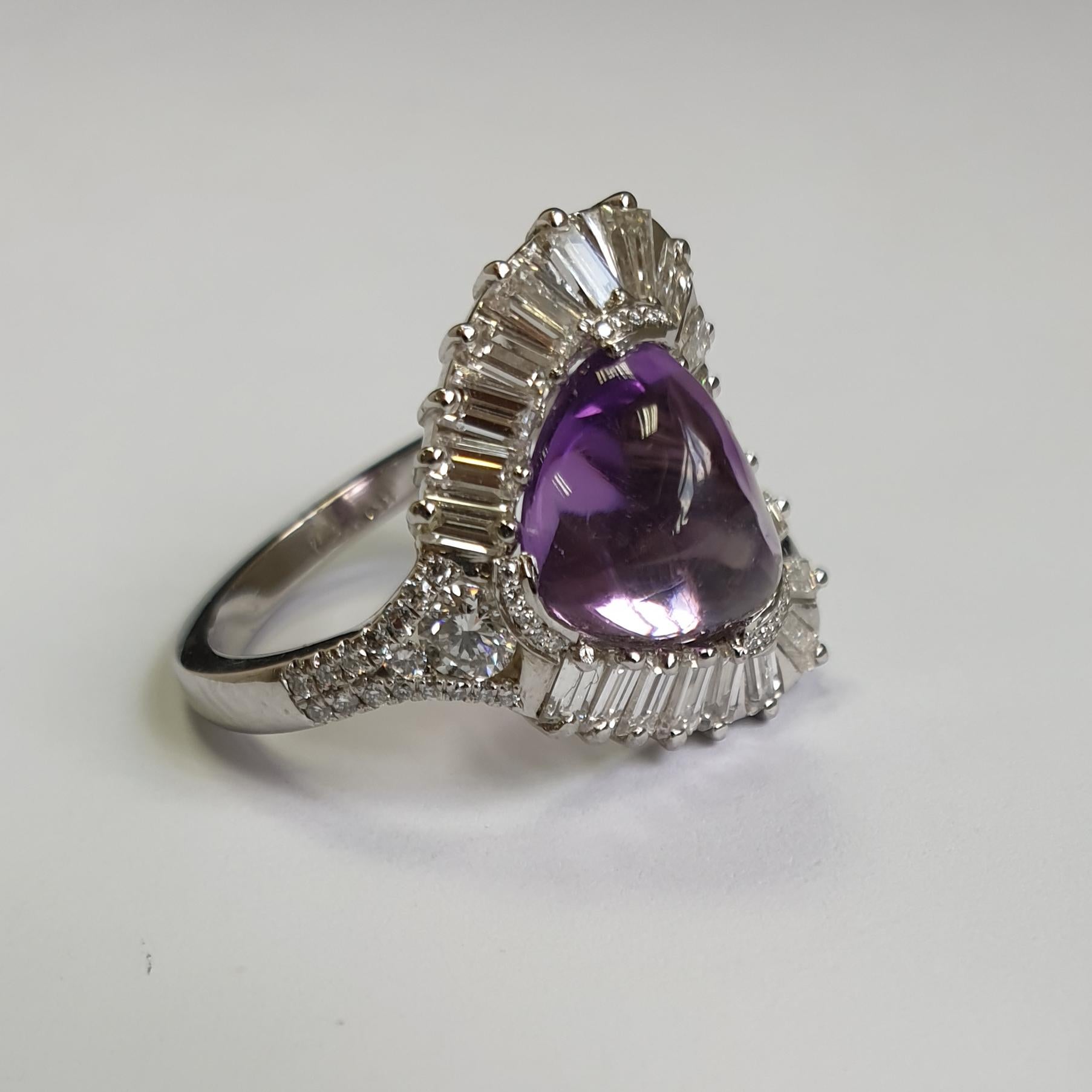 Sugar Loaf Amethyst and Diamond Baguette Cocktail Ring Platinum In New Condition For Sale In London, London