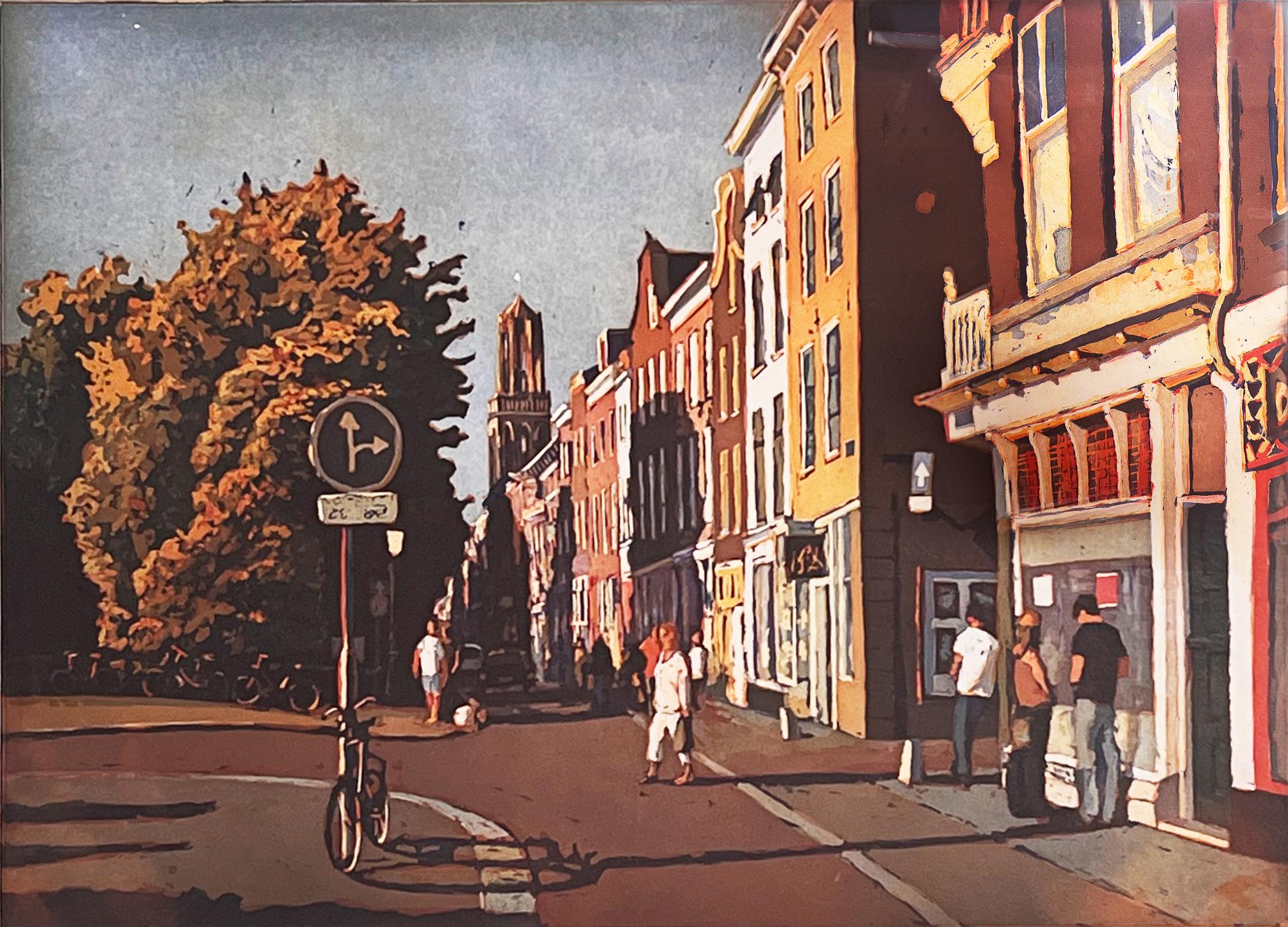 ''Oudegracht'' Gravure couleur contemporaine d'une rue aux Pays-Bas, Utrecht - Print de Marcel Schellekens