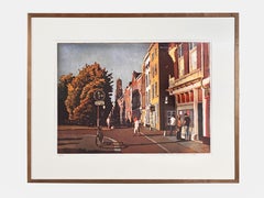 ''Oudegracht'' Grabado contemporáneo en color de calle en Holanda, Utrecht