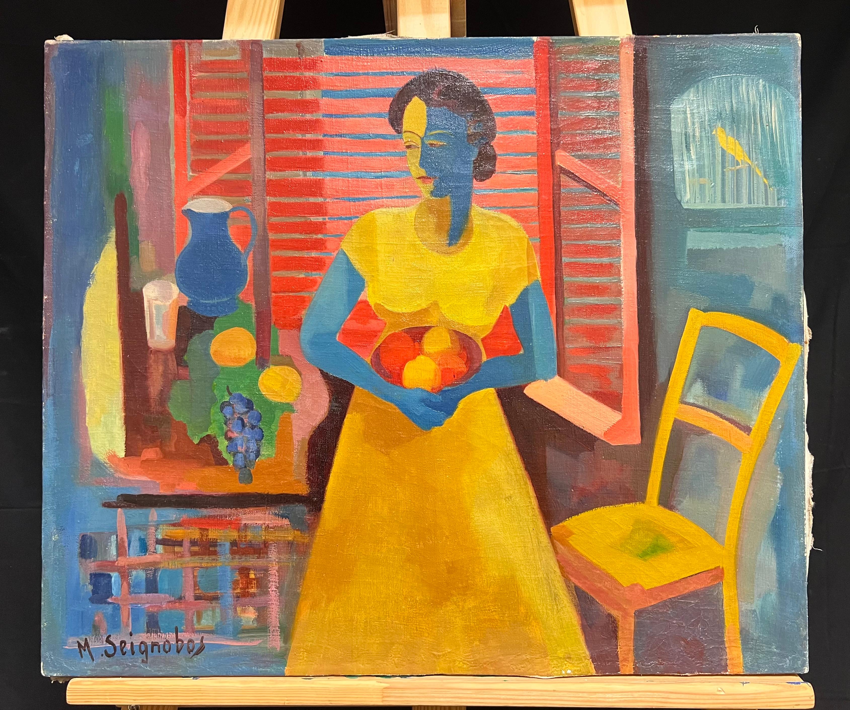Portrait cubiste coloré de femme tenant des fruits, scène d'intérieur, milieu du 20e siècle - Painting de Marcel Seignonbos