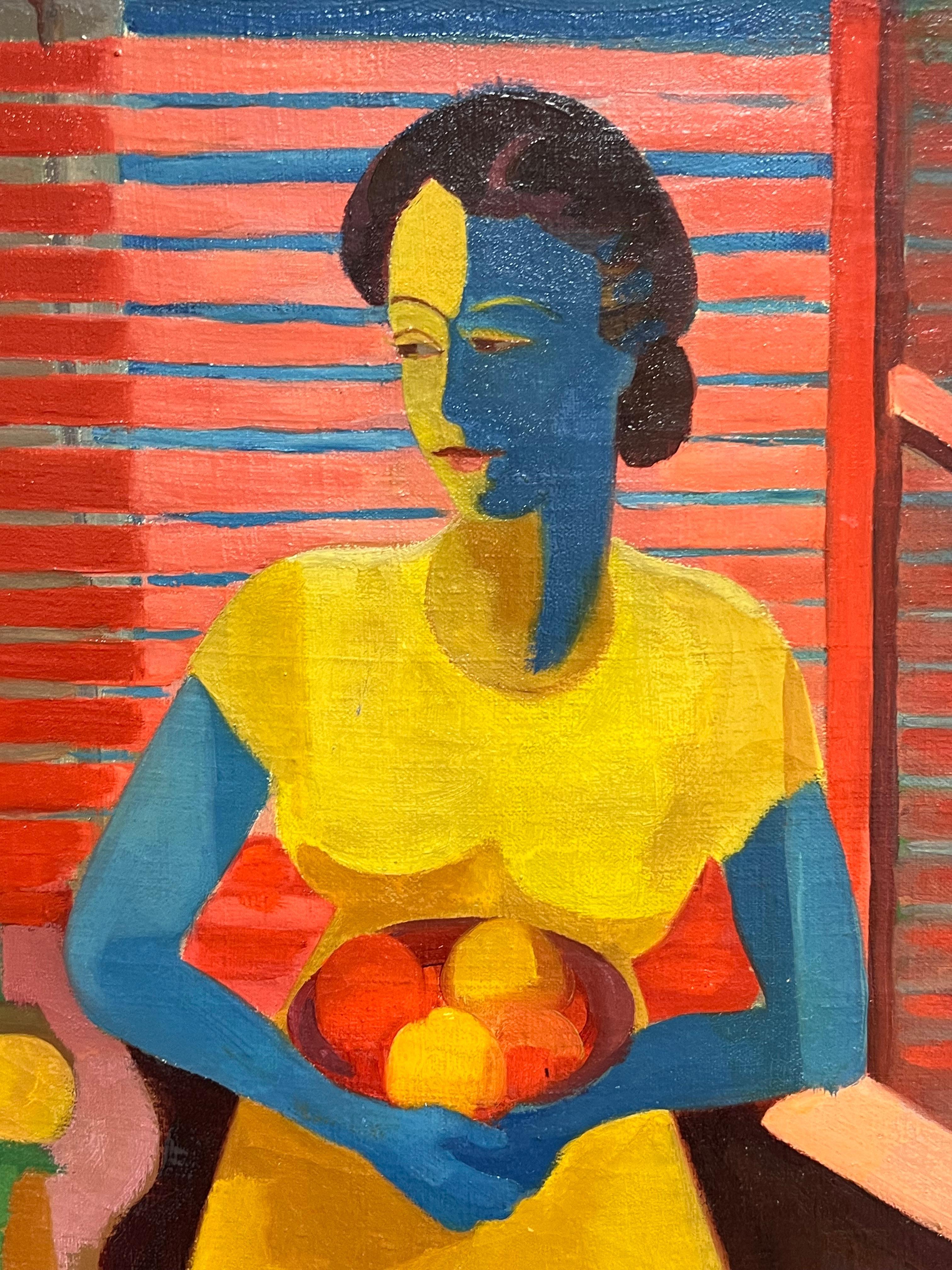 Portrait cubiste coloré de femme tenant des fruits, scène d'intérieur, milieu du 20e siècle - Cubisme Painting par Marcel Seignonbos