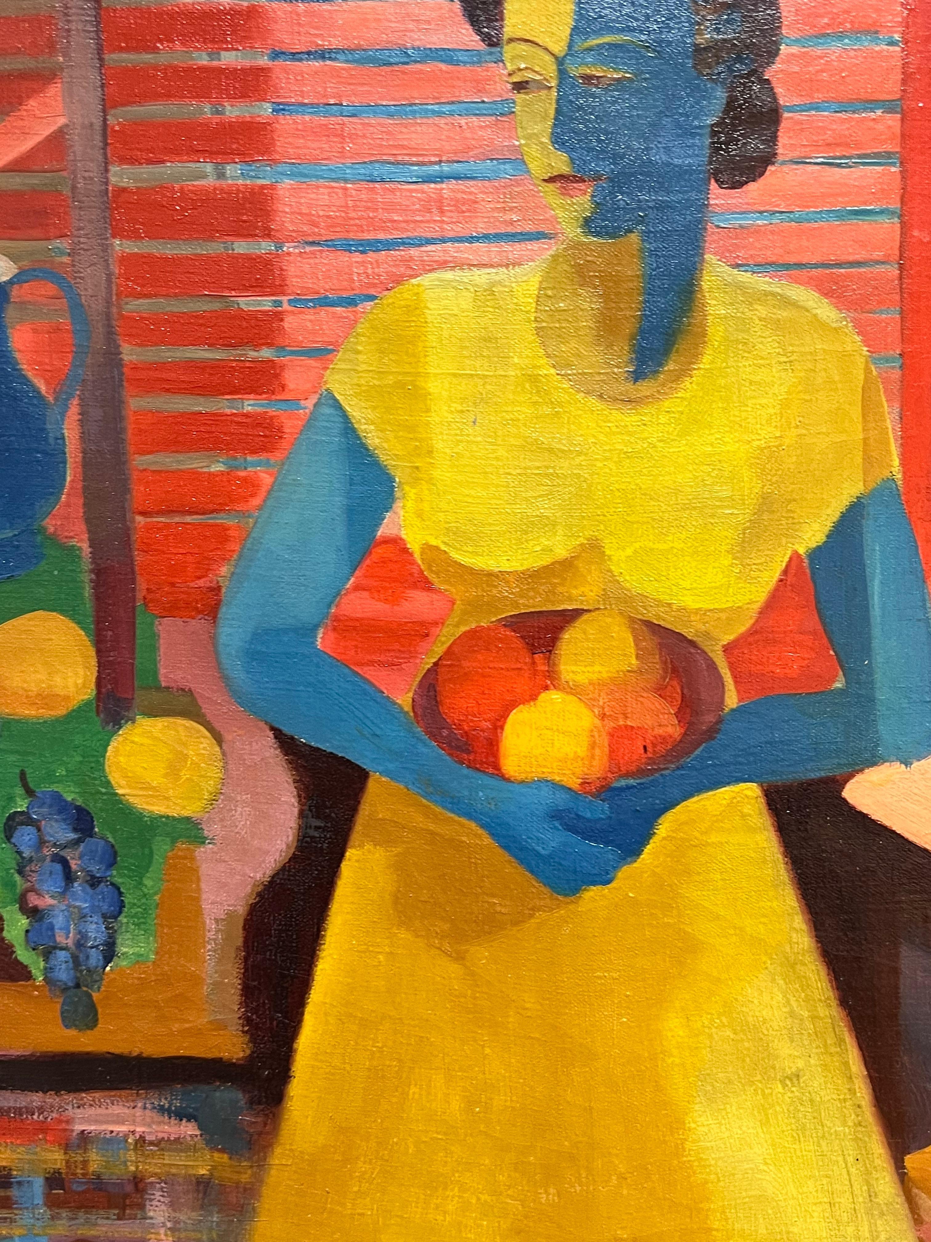 Portrait cubiste coloré de femme tenant des fruits, scène d'intérieur, milieu du 20e siècle - Marron Figurative Painting par Marcel Seignonbos