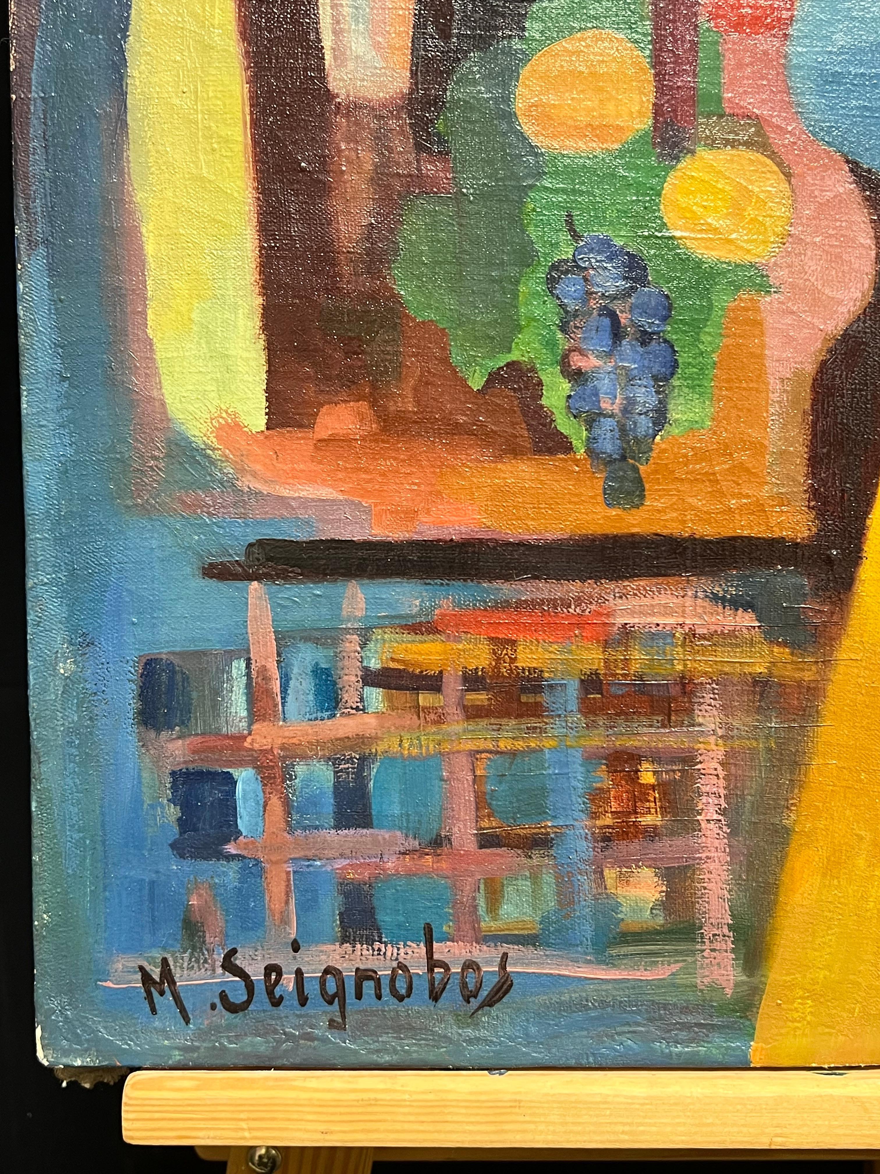 Portrait cubiste coloré de femme tenant des fruits, scène d'intérieur, milieu du 20e siècle en vente 1