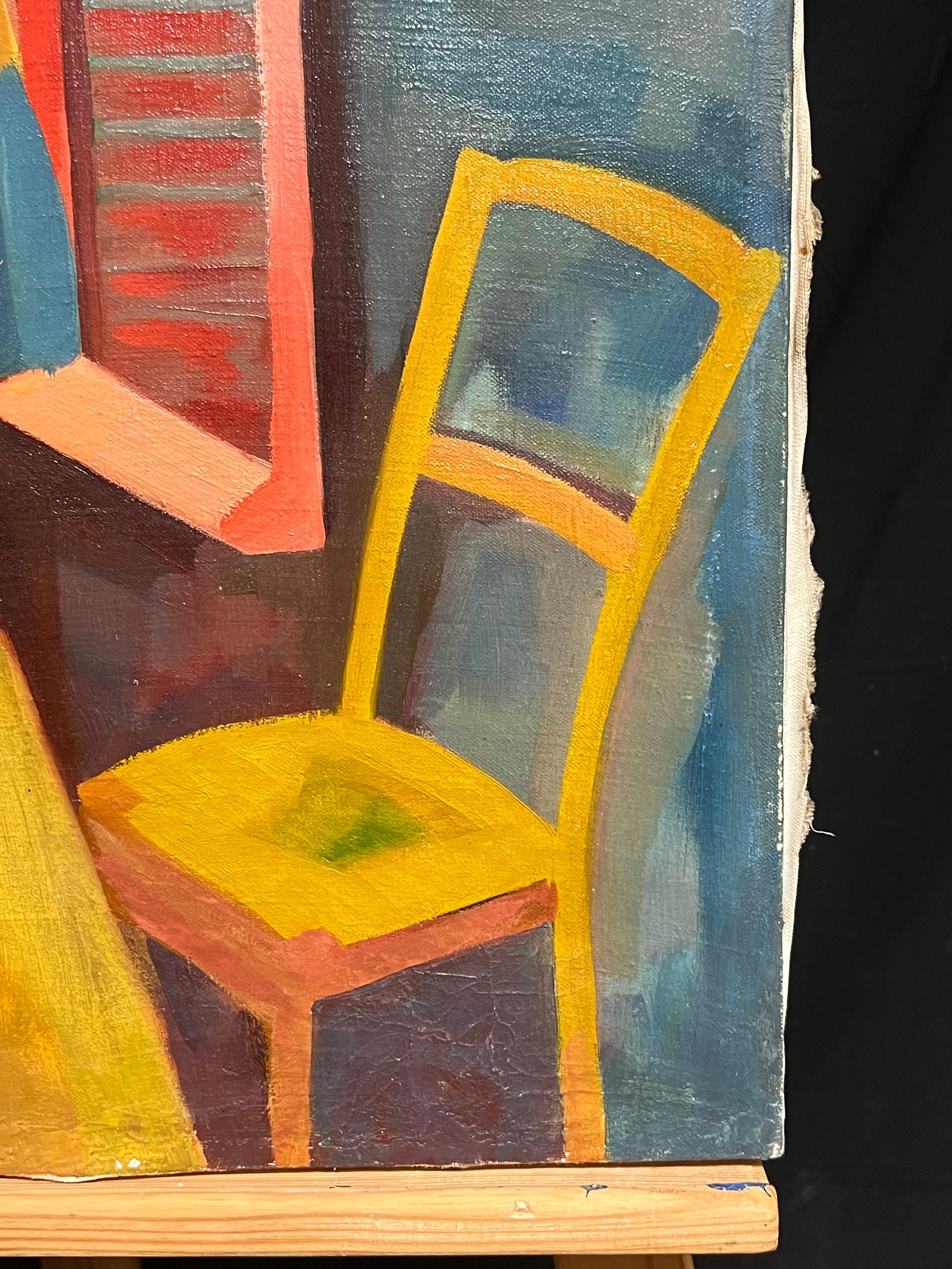 Portrait cubiste coloré de femme tenant des fruits, scène d'intérieur, milieu du 20e siècle en vente 2
