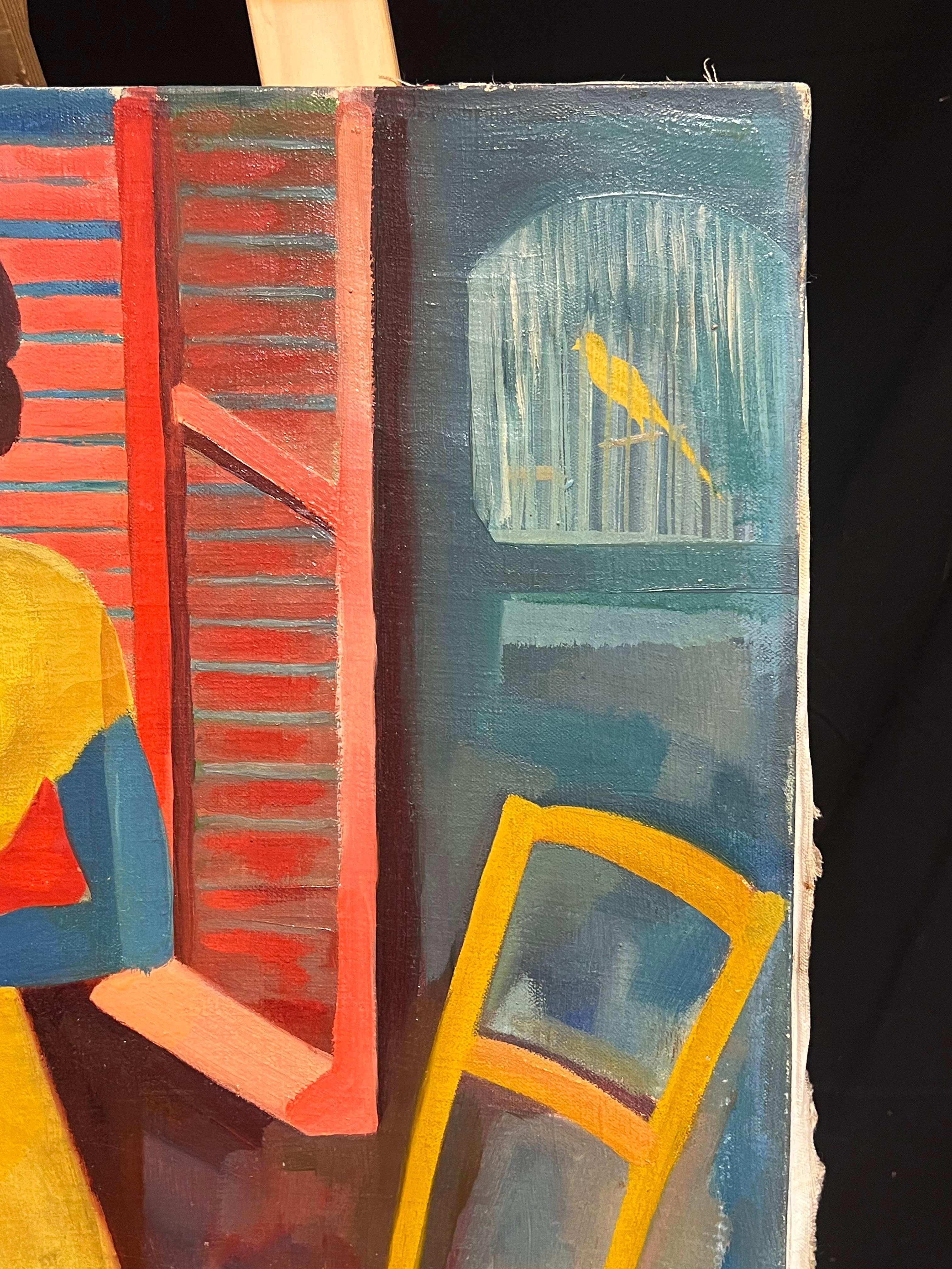 Portrait cubiste coloré de femme tenant des fruits, scène d'intérieur, milieu du 20e siècle en vente 3