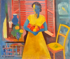 Colorido Retrato Cubista de Mujer con Fruta en las Manos Escena Interior Mediados del Siglo XX