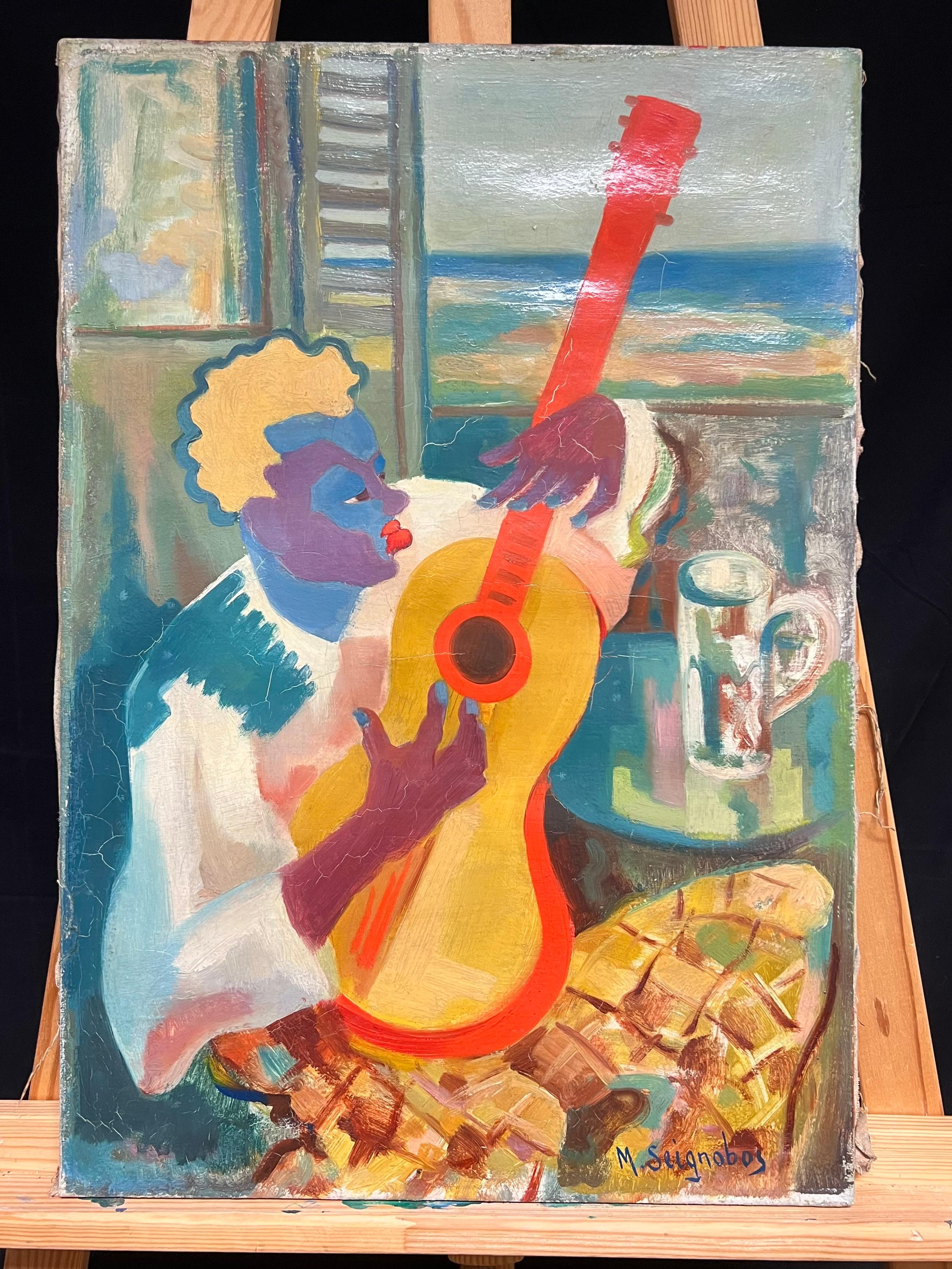 Lebhaftes kubistisches Porträt eines Musikers mit Gitarre, Gemälde aus der Mitte des 20. Jahrhunderts – Painting von Marcel Seignonbos