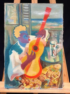 Vibrant Cubist Portrait of a Musician with Guitar Mid 20th Century Painting