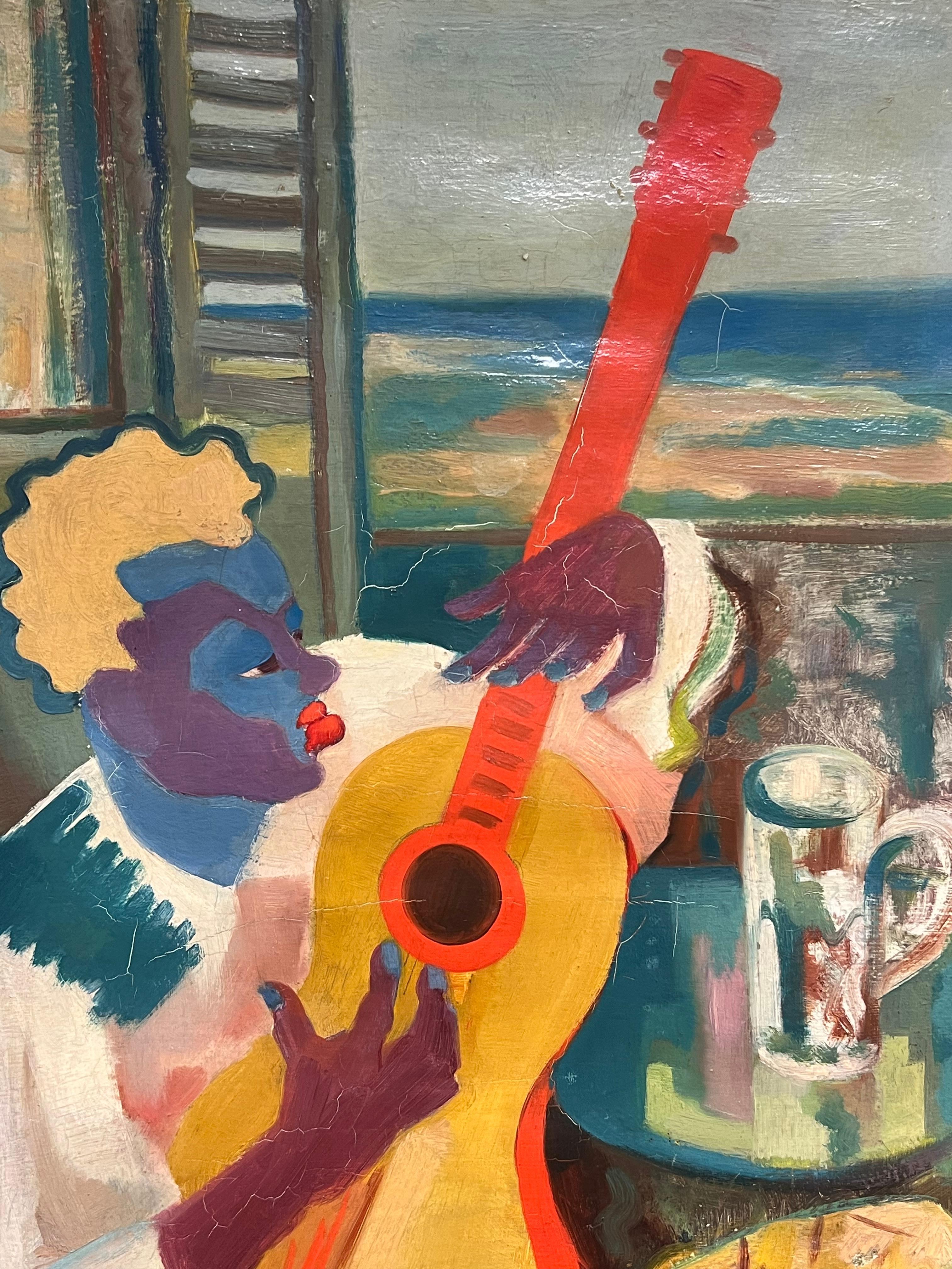 Lebhaftes kubistisches Porträt eines Musikers mit Gitarre, Gemälde aus der Mitte des 20. Jahrhunderts (Impressionismus), Painting, von Marcel Seignonbos