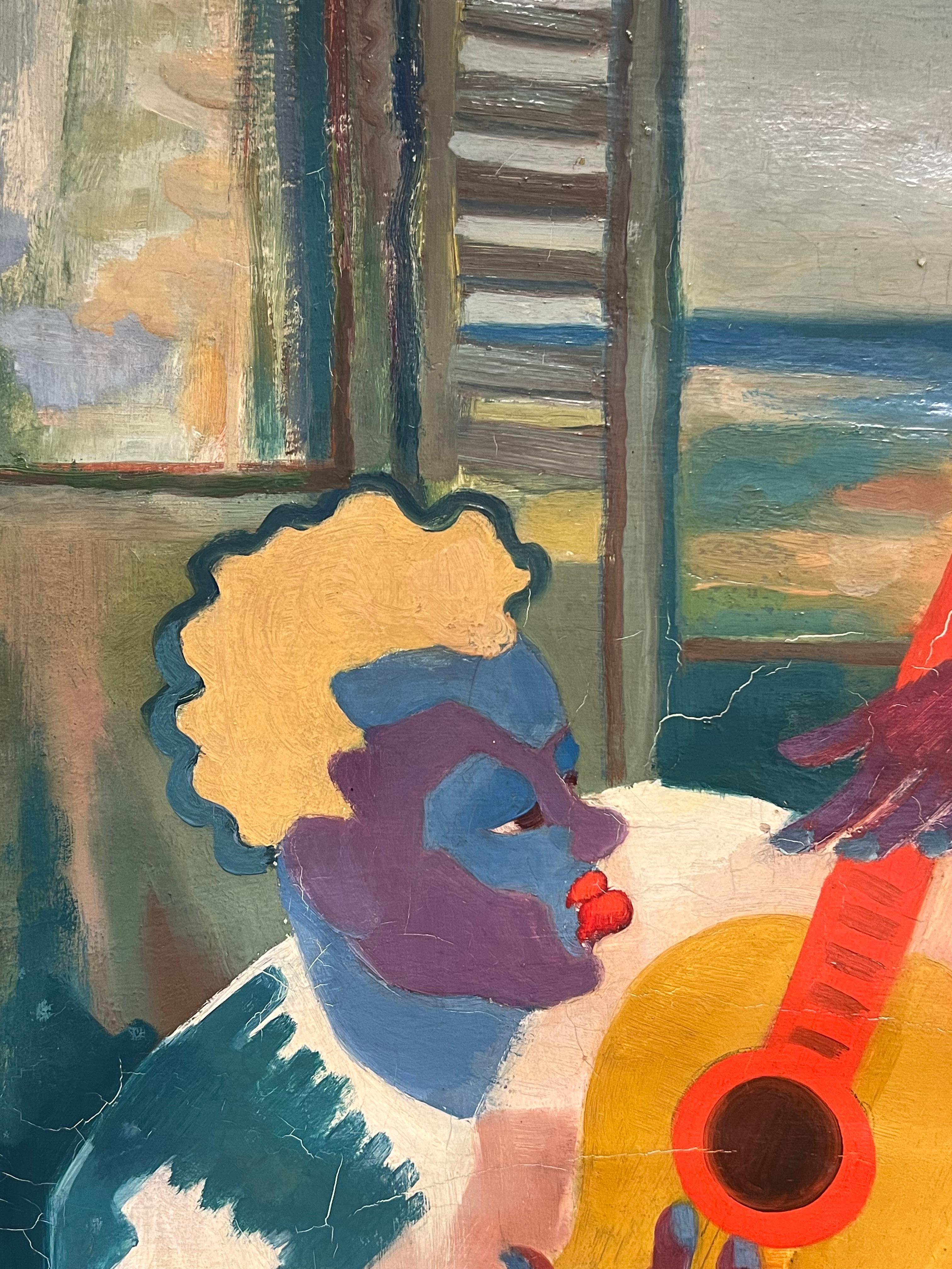 Lebhaftes kubistisches Porträt eines Musikers mit Gitarre, Gemälde aus der Mitte des 20. Jahrhunderts (Braun), Abstract Painting, von Marcel Seignonbos