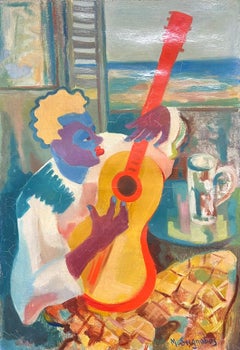 Retrato cubista vibrante de un músico con guitarra Pintura de mediados del siglo XX