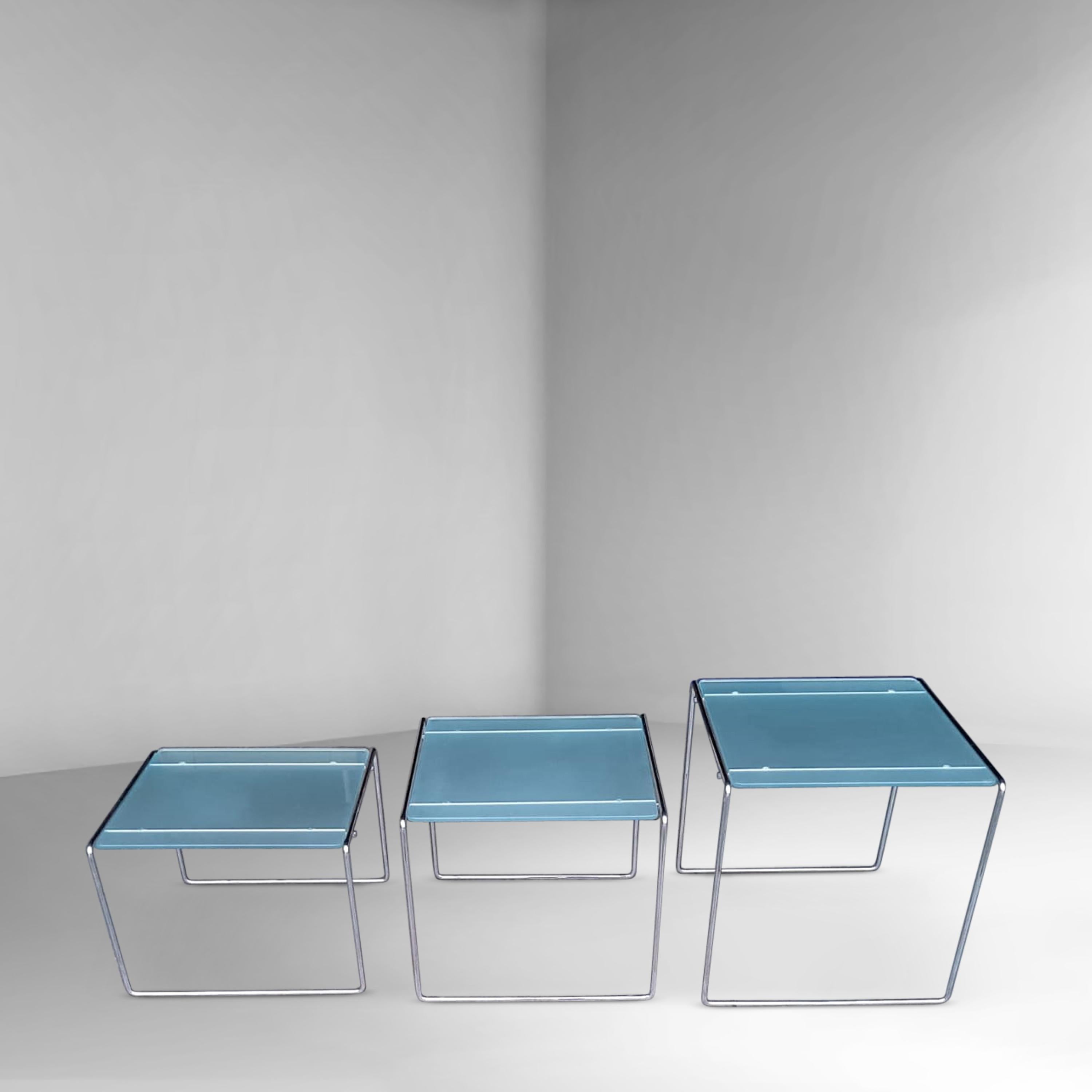 Minimalist design side table, inspired by Mies van der Rohe with simple abstract lines. The metal lower frame is bent steel and consist of 1 part. The entire design looks very sleek due to its thin shaped frame. The milk glass plate lays on top of