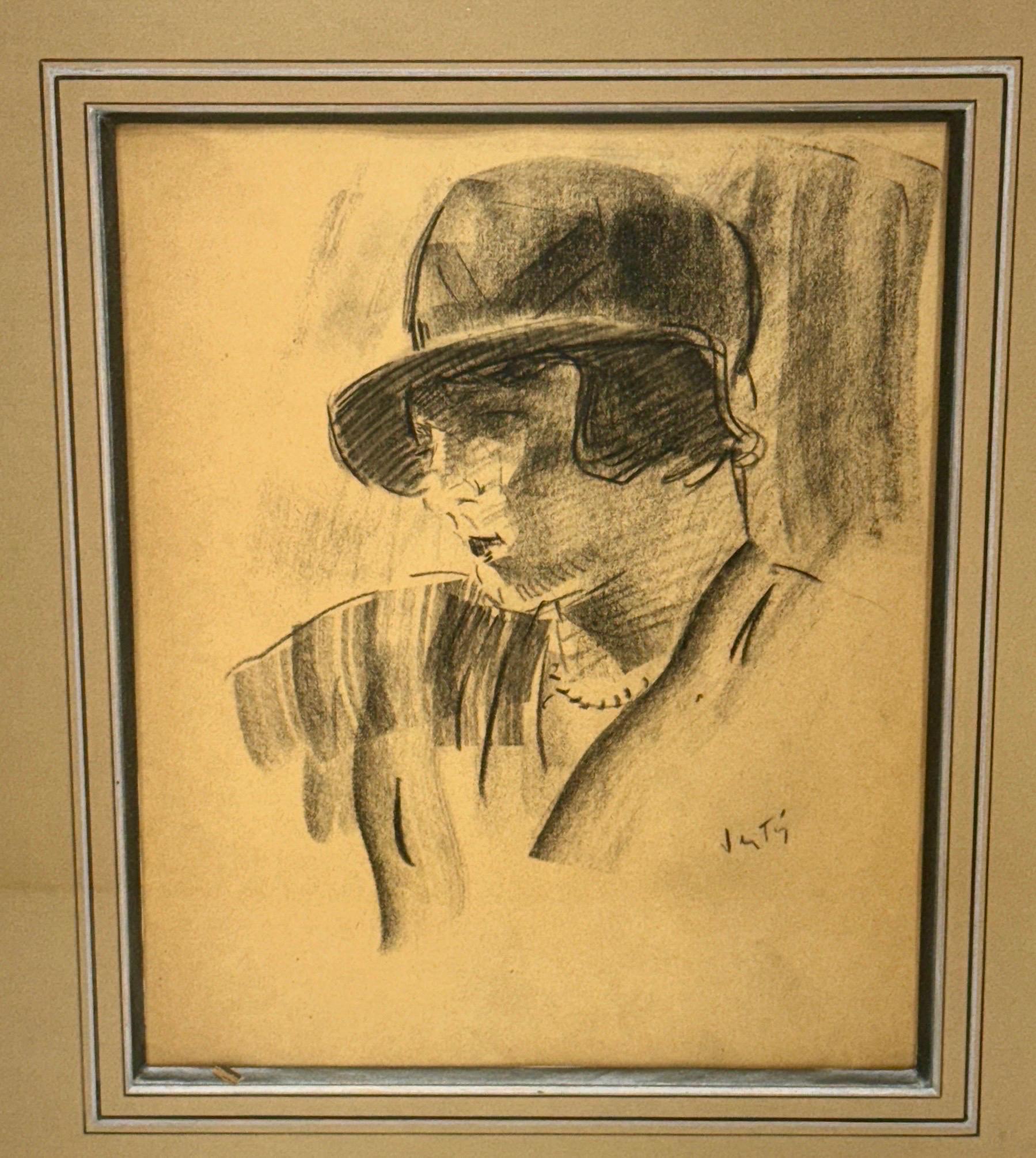 Marcel Vertes Charcoal Signed Drawing of French American Woman  In Good Condition For Sale In Haddonfield, NJ
