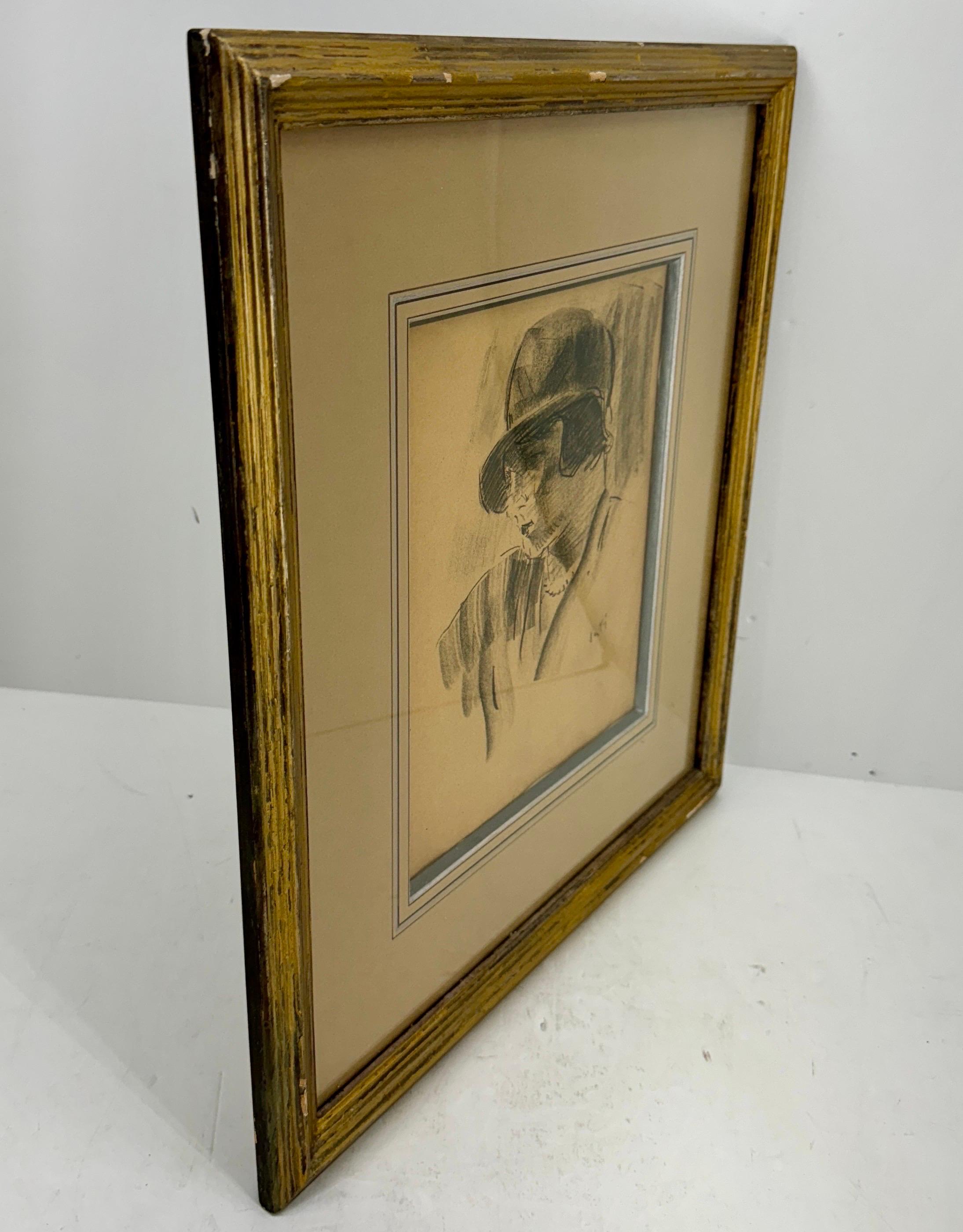 20th Century Marcel Vertes Charcoal Signed Drawing of French American Woman  For Sale