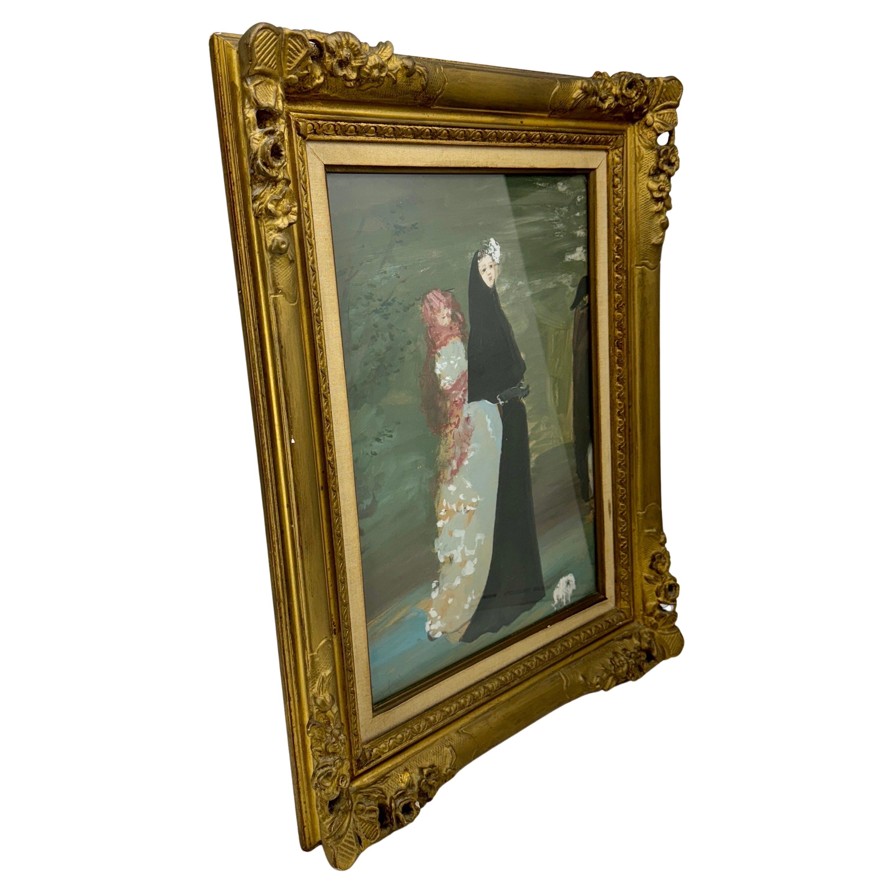French Marcel Vertes Gouache Women Artwork in Original Gold Frame