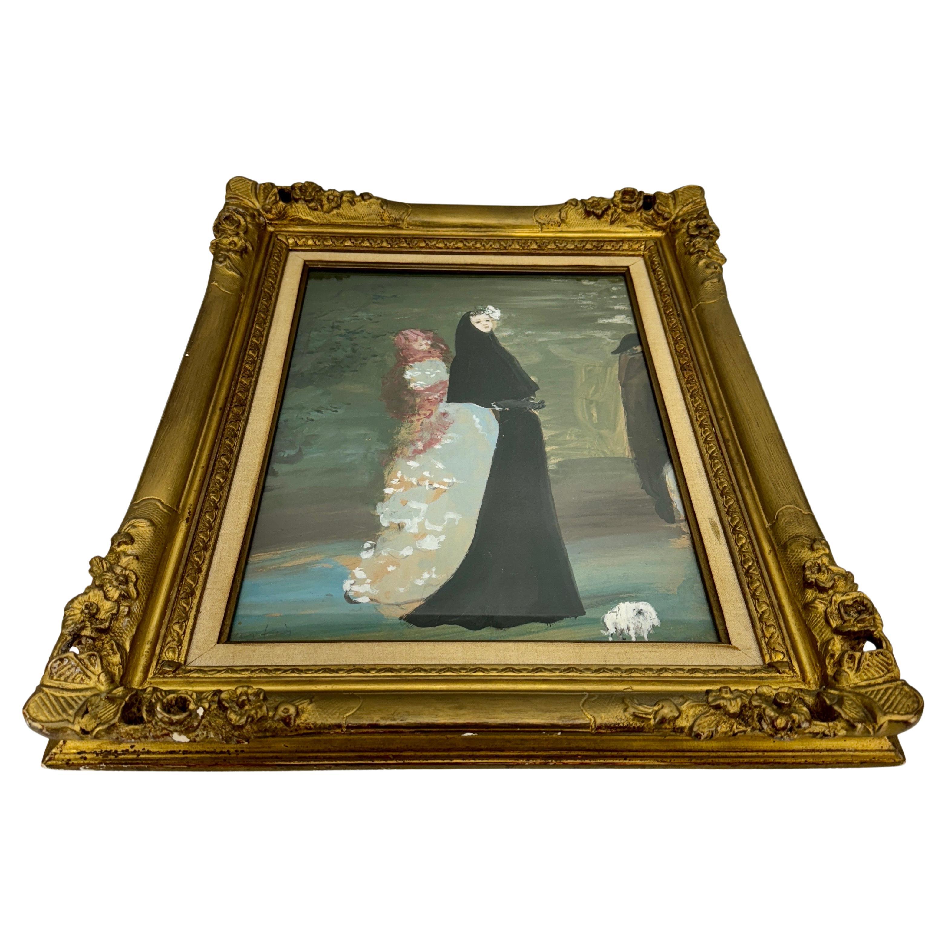 Marcel Vertes Gouache Women Artwork in Original Gold Frame In Good Condition For Sale In Haddonfield, NJ