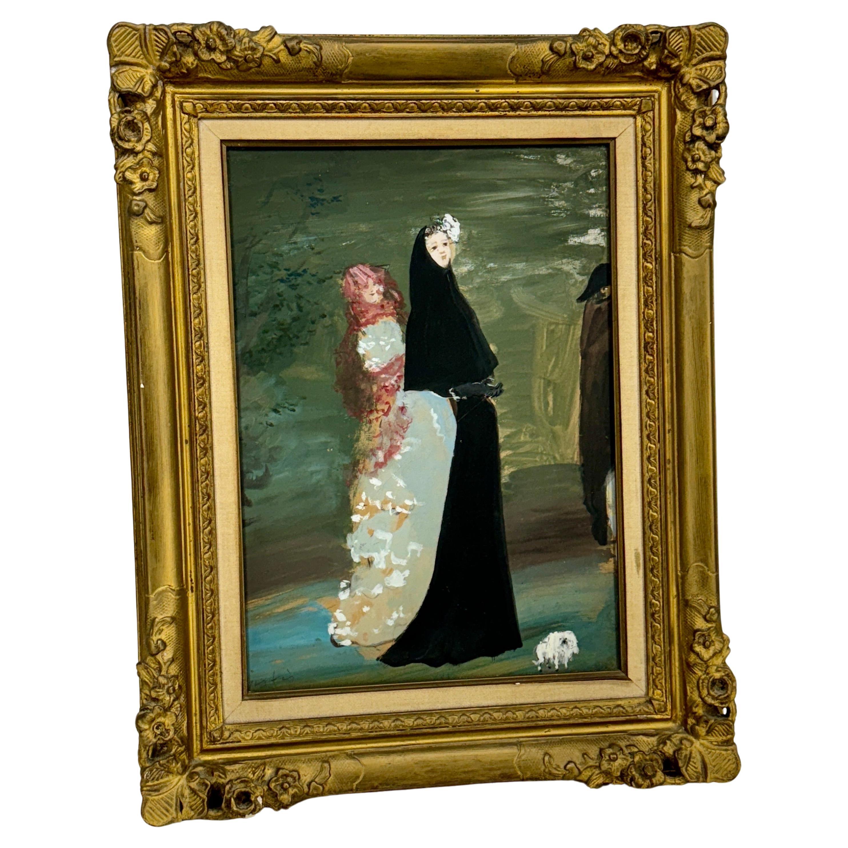 Marcel Vertes Gouache Women Artwork in Original Gold Frame For Sale