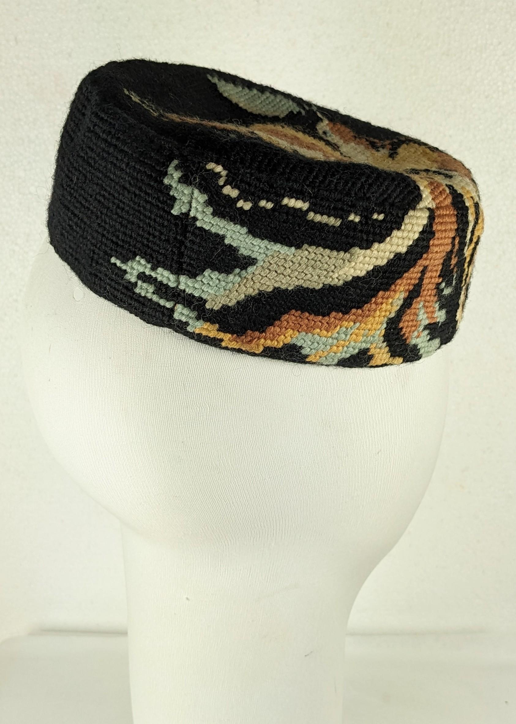 Women's Marcel Vertes Needlepoint Cross Stitch Pill Box Hat, 1940 For Sale