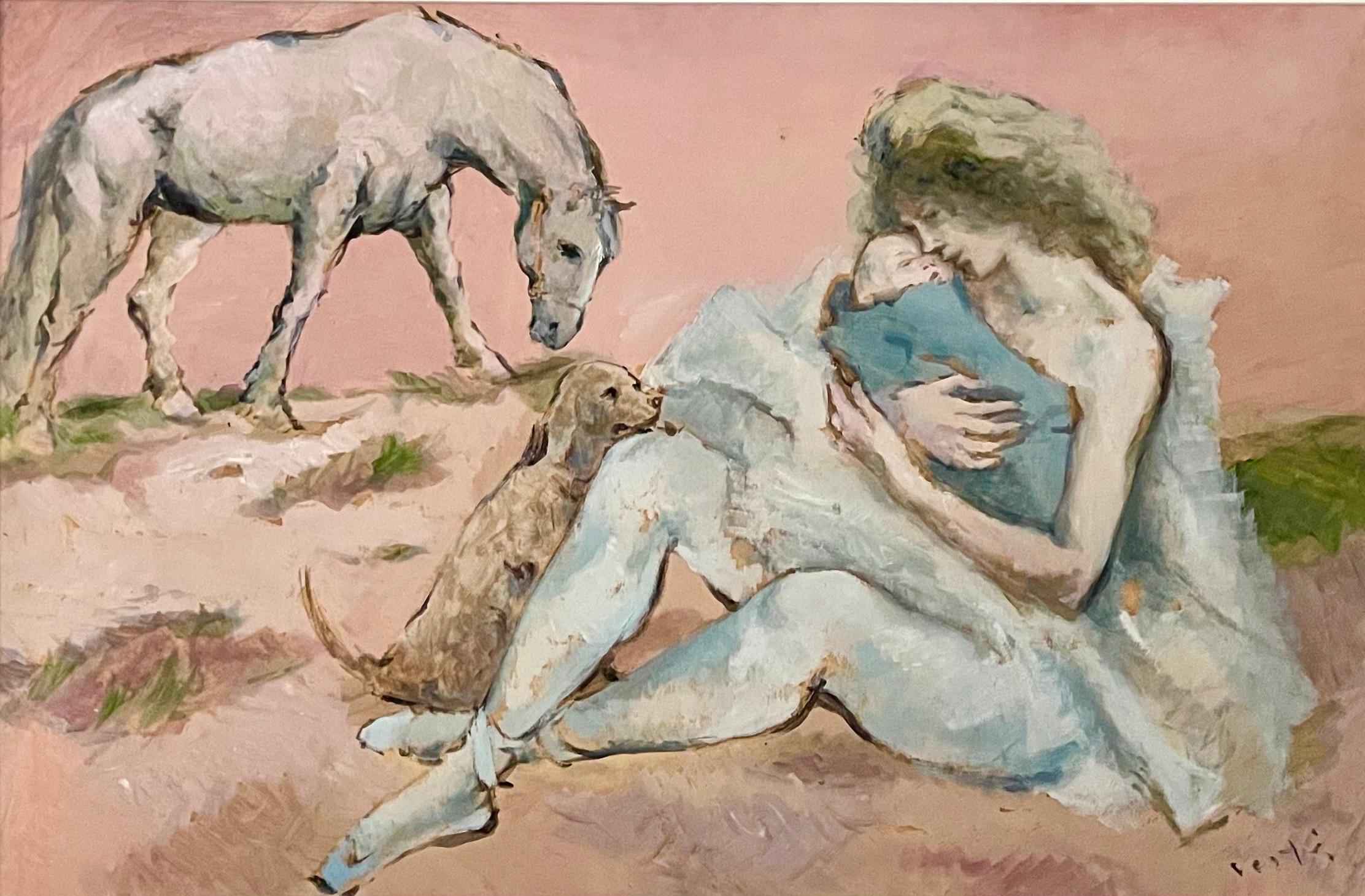 Marcel Vertès Figurative Painting - Large Art Deco Circus Illustration Gouache Painting Ballerina with Horse and Dog