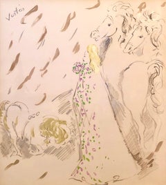 Original Art Deco Circus Illustration Gouache Painting, Drawing Lady with Horses