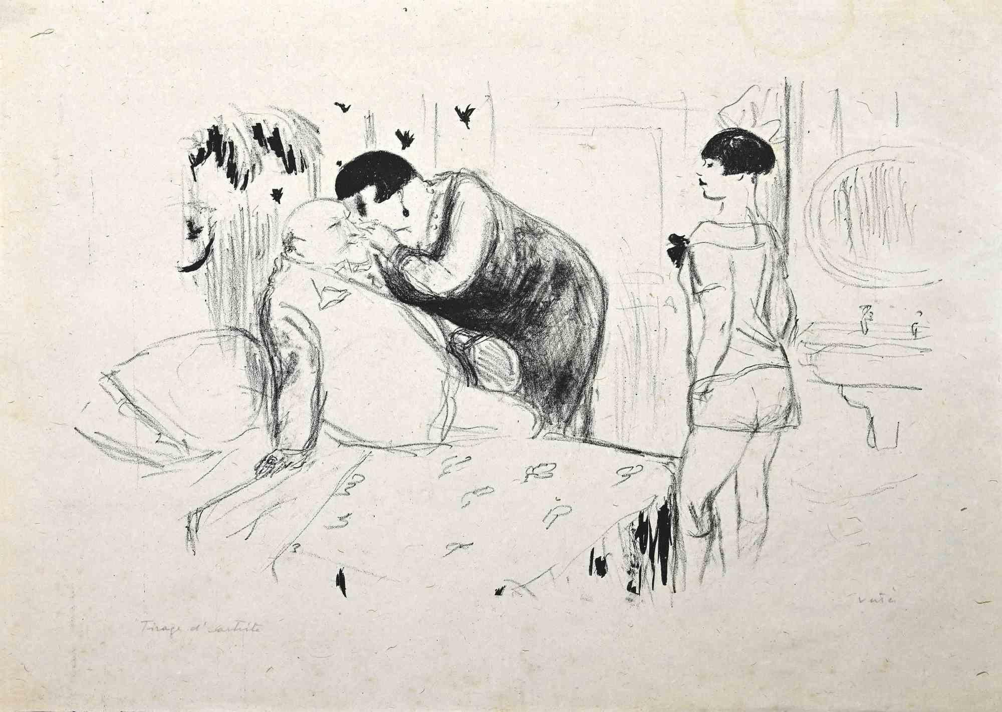 Marcel Vertès Figurative Print - An Unexpected Visit -  Lithograph by Marcel Vertés - 1920