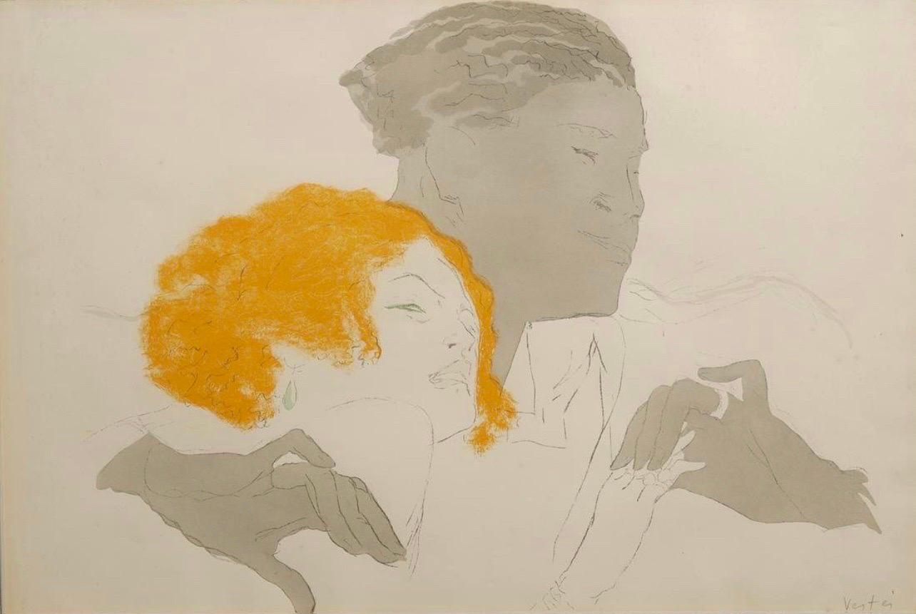 Art Deco Jazz Age Paris Interracial Couple Lovers Marcel Vertes Color Lithograph - Print by Marcel Vertès