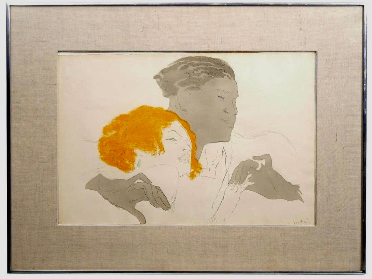 Marcel Vertès Portrait Print - Art Deco Jazz Age Paris Interracial Couple Lovers Marcel Vertes Color Lithograph