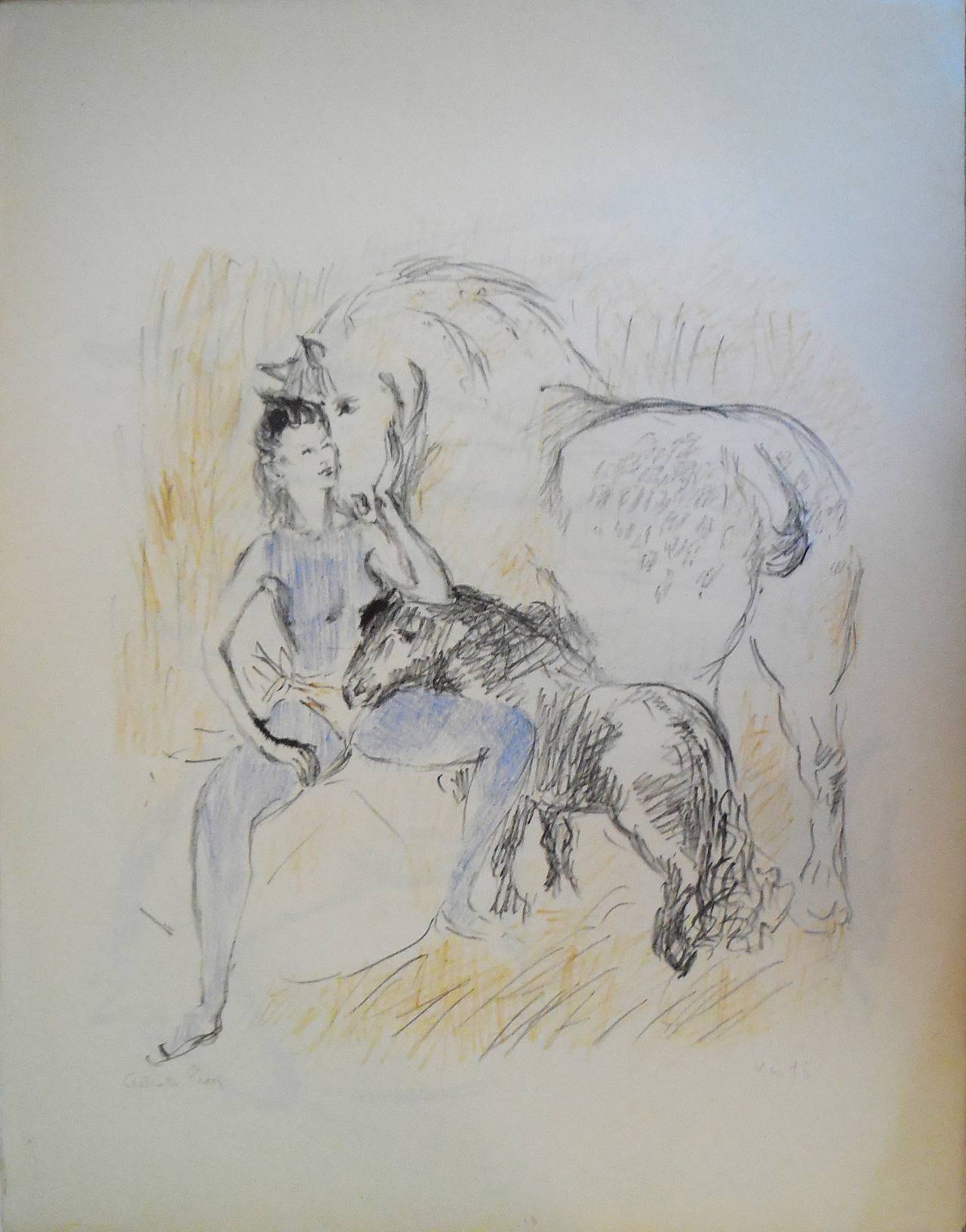 Circusmädchen mit Pferden Lithographie mit Handkolorierung