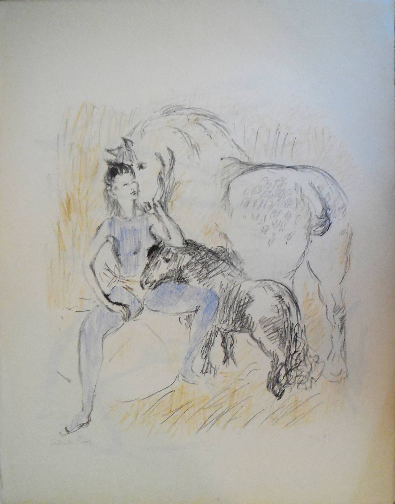 Marcel Vertès Animal Print – Zirkusmädchen mit Pferden Lithographie mit Handkolorierung