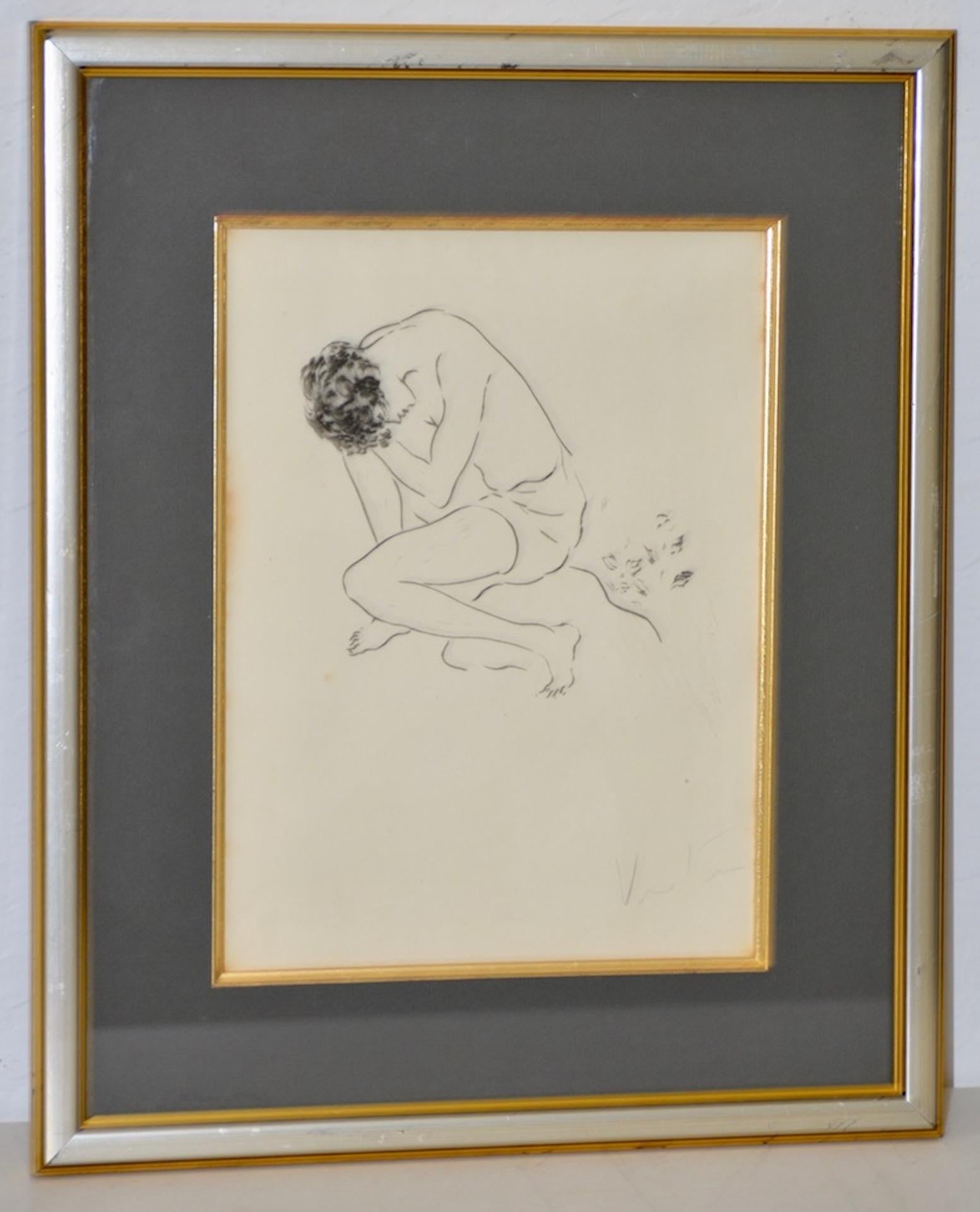 Marcel Vertès Nude Print - Marcel Vertes Figural Nude Etching Signed c.1940s.