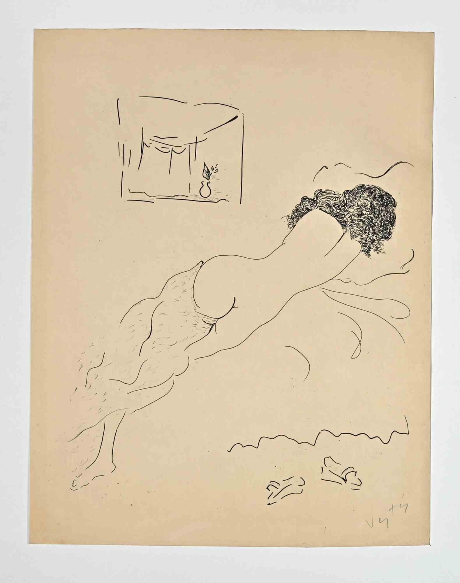 Akt von hinten - Lithographie von Marcel Vertès - Mitte des 20. Jahrhunderts
