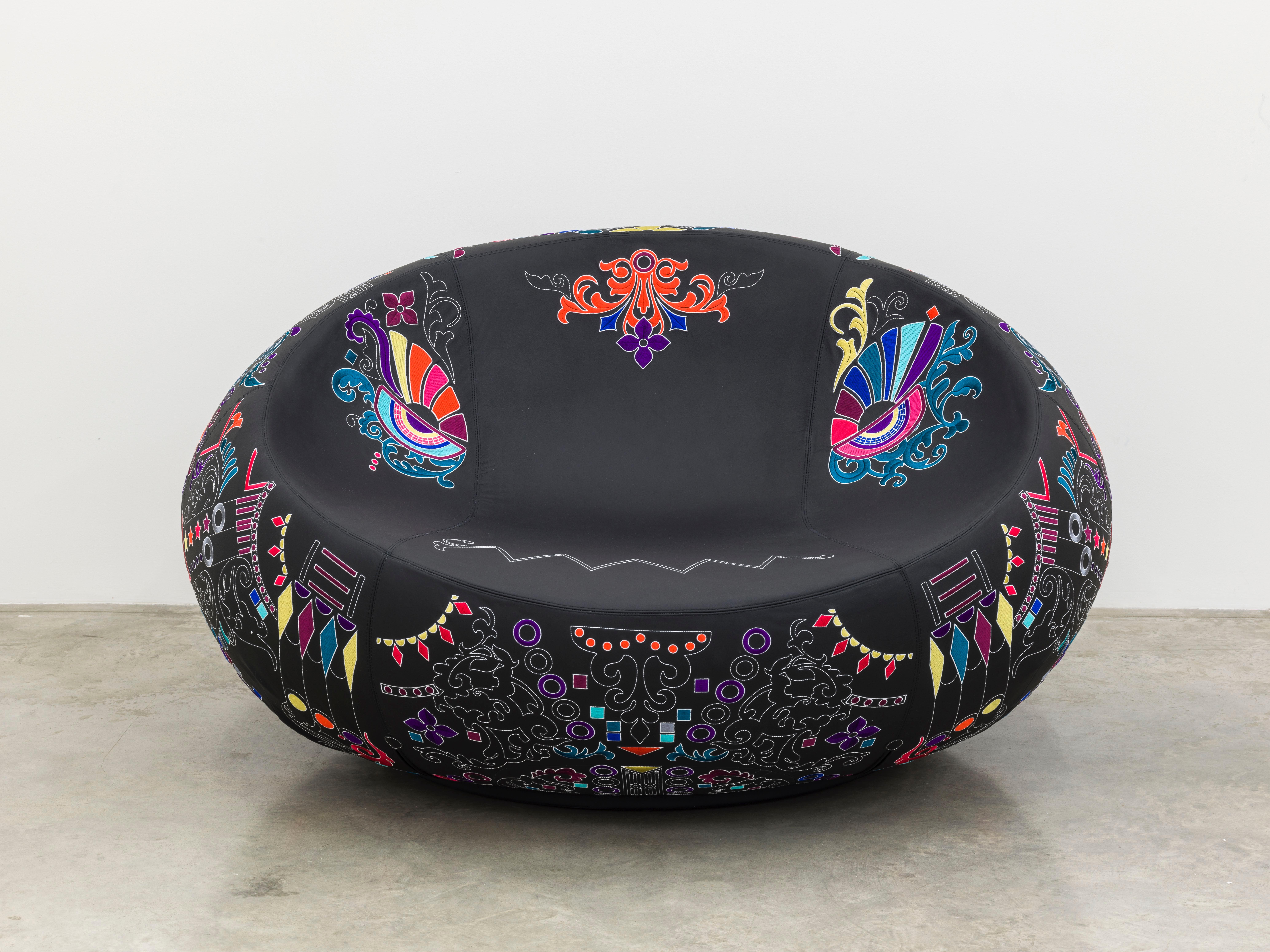 Dutch Marcel Wanders, Black Chair, Faux Leather, Embroidery, Wood, 2016