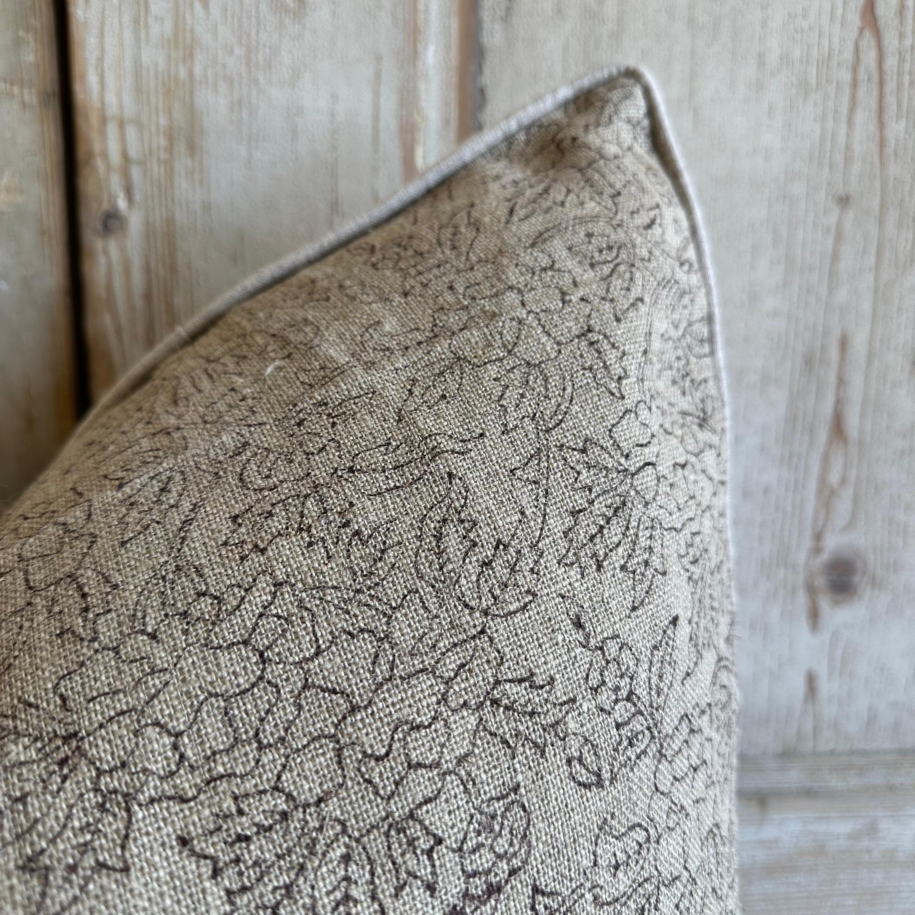 Marceline Coco Block Printed Linen Pillow with Down Feather Insert In New Condition For Sale In Brea, CA