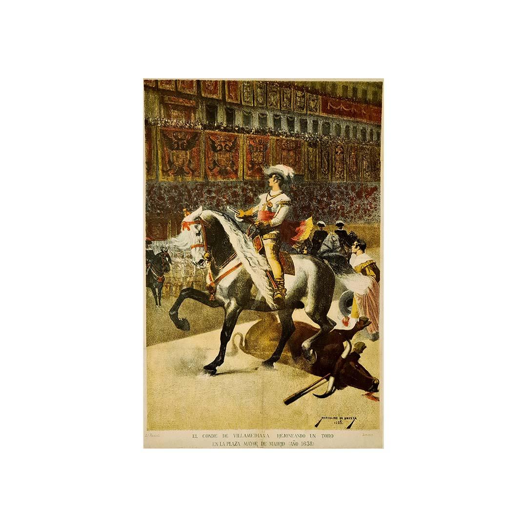 This historical poster by Spanish artist Marcelino de Unceta depicts a grand and theatrical moment from the 17th century: the Count of Villamediana performing a rejoneo—bullfighting on horseback—in the Plaza Mayor of Madrid, circa 1638.

Set against